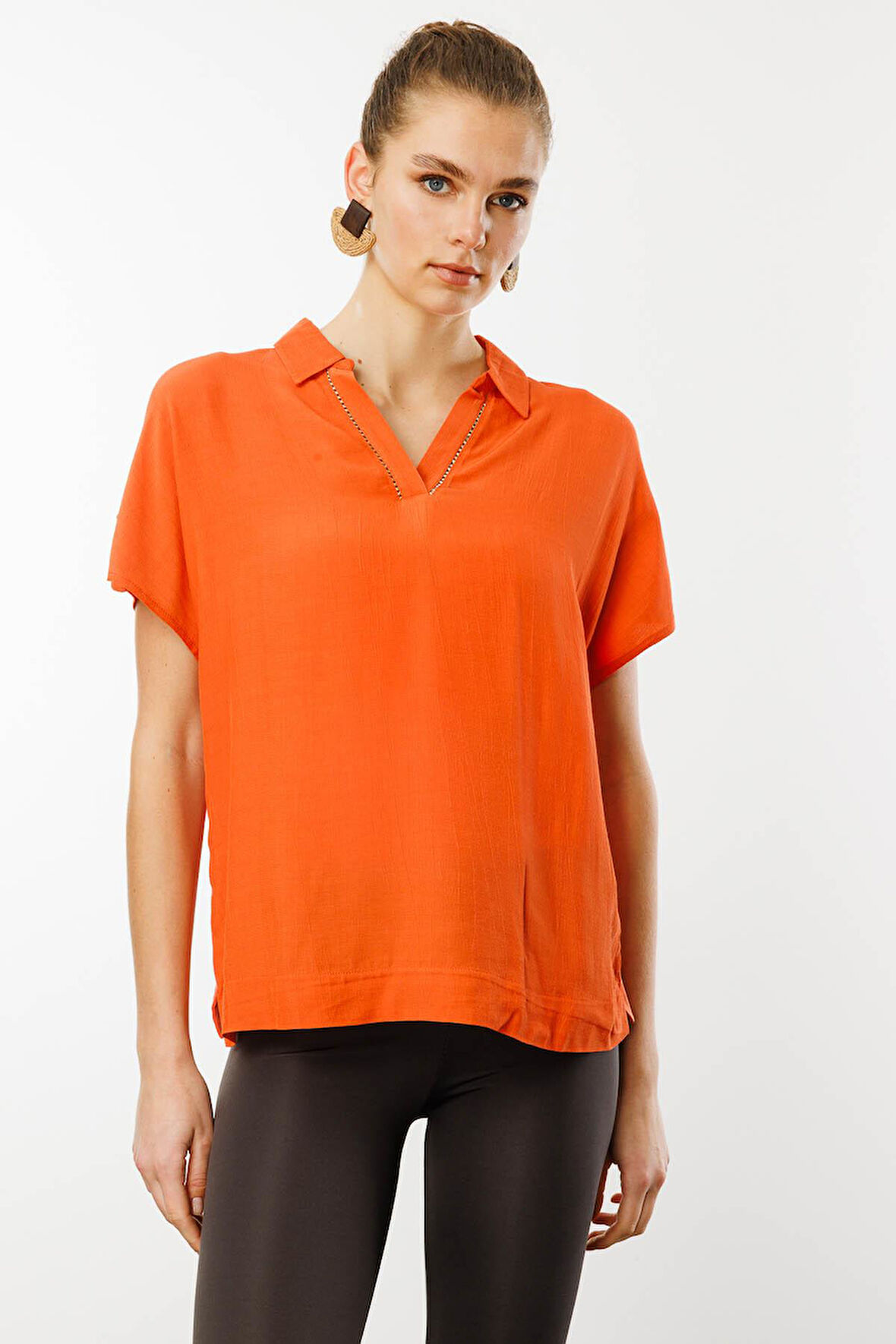 Kadın Polo Yaka Düşük Kollu Gömlek Oranj