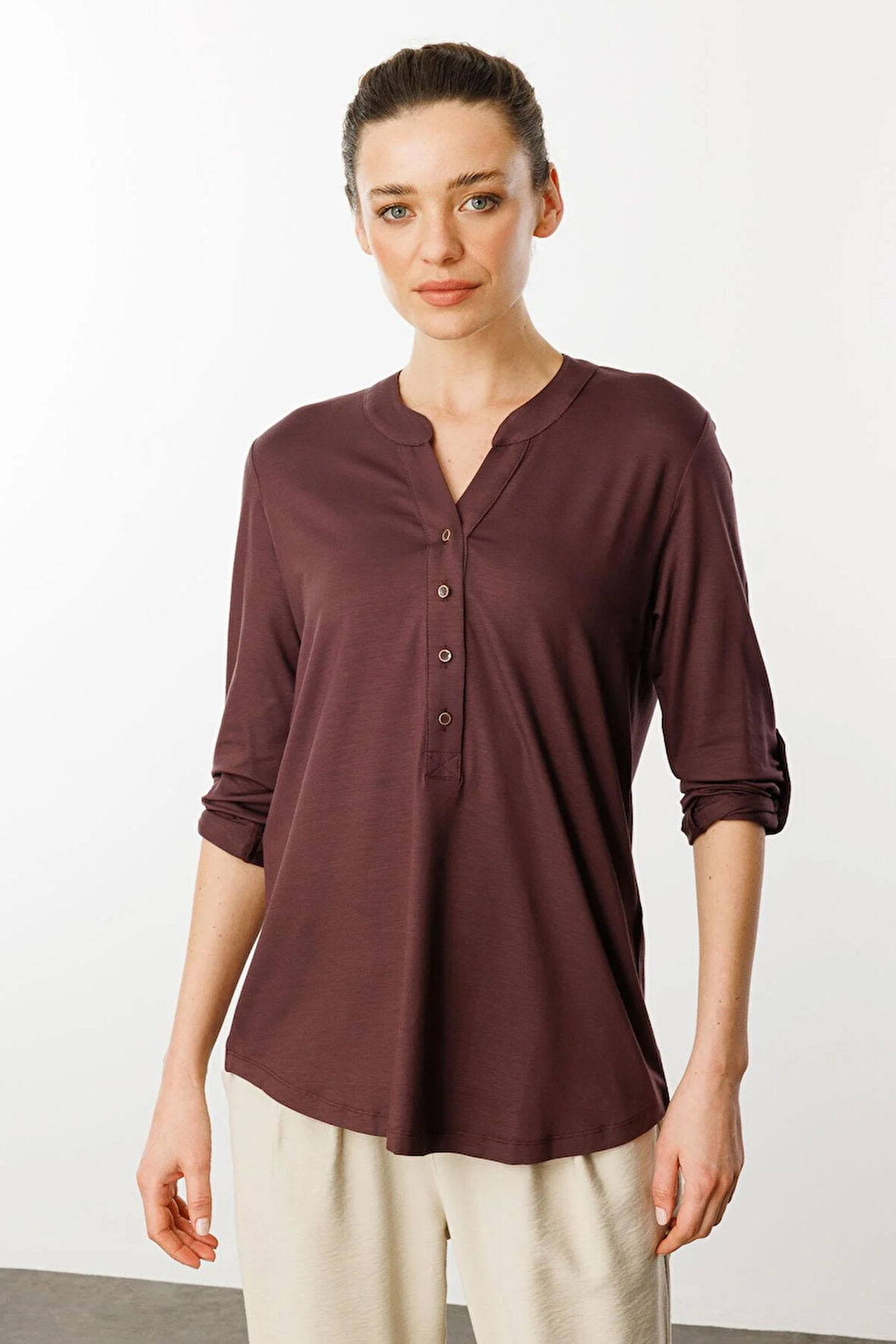 Kadın Açma Yaka Önü Düğmeli Penye Bluz Kahve