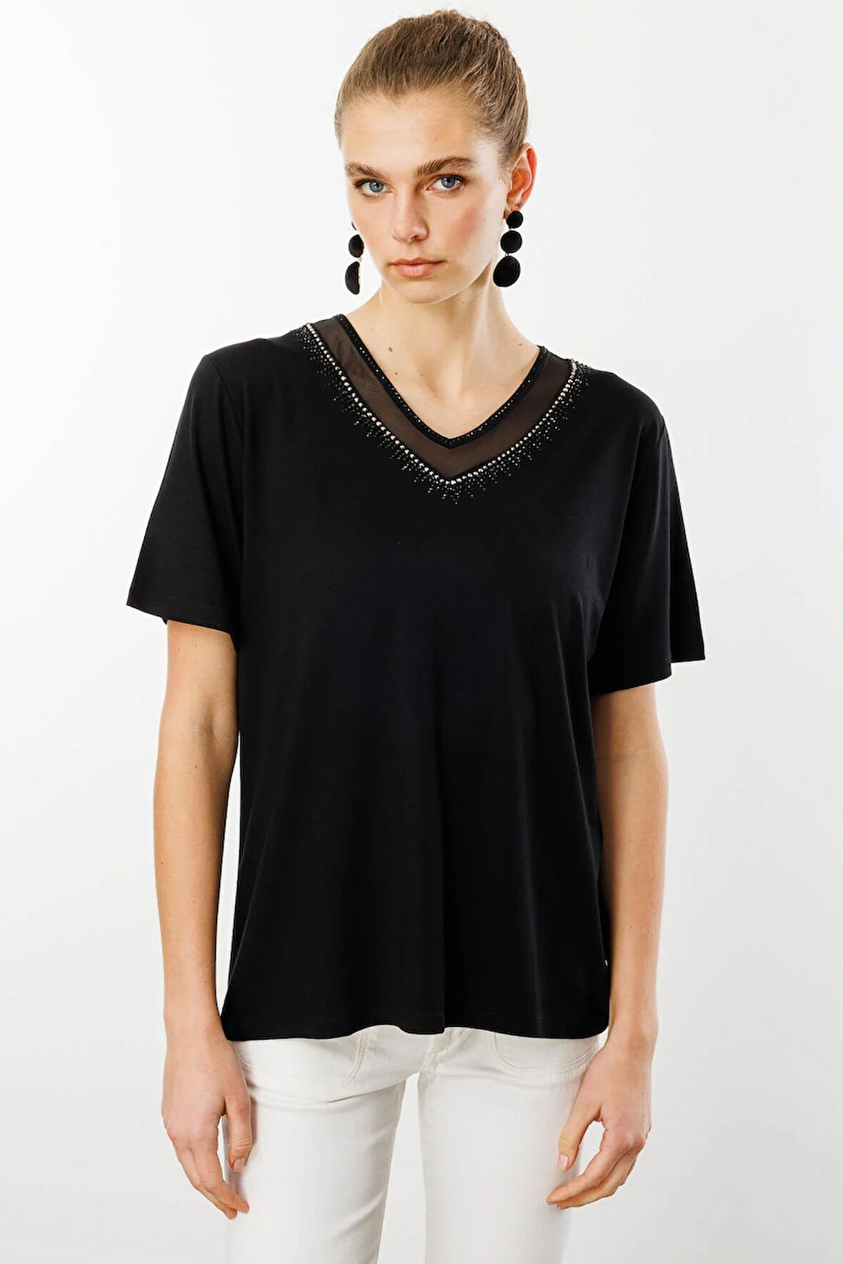Kadın V Yaka Yakası Taşlı Penye T-shirt Siyah