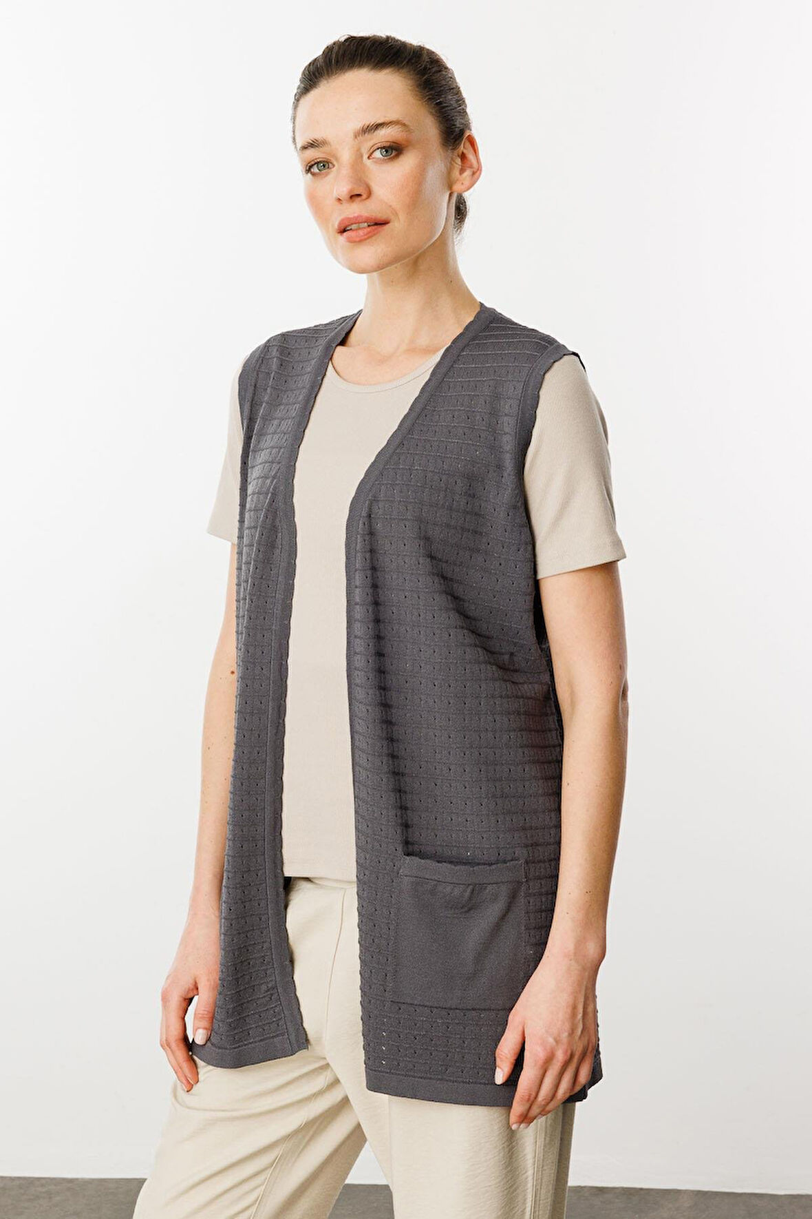 Kadın Kare Örgülü Uzun Triko Yelek Antrasit