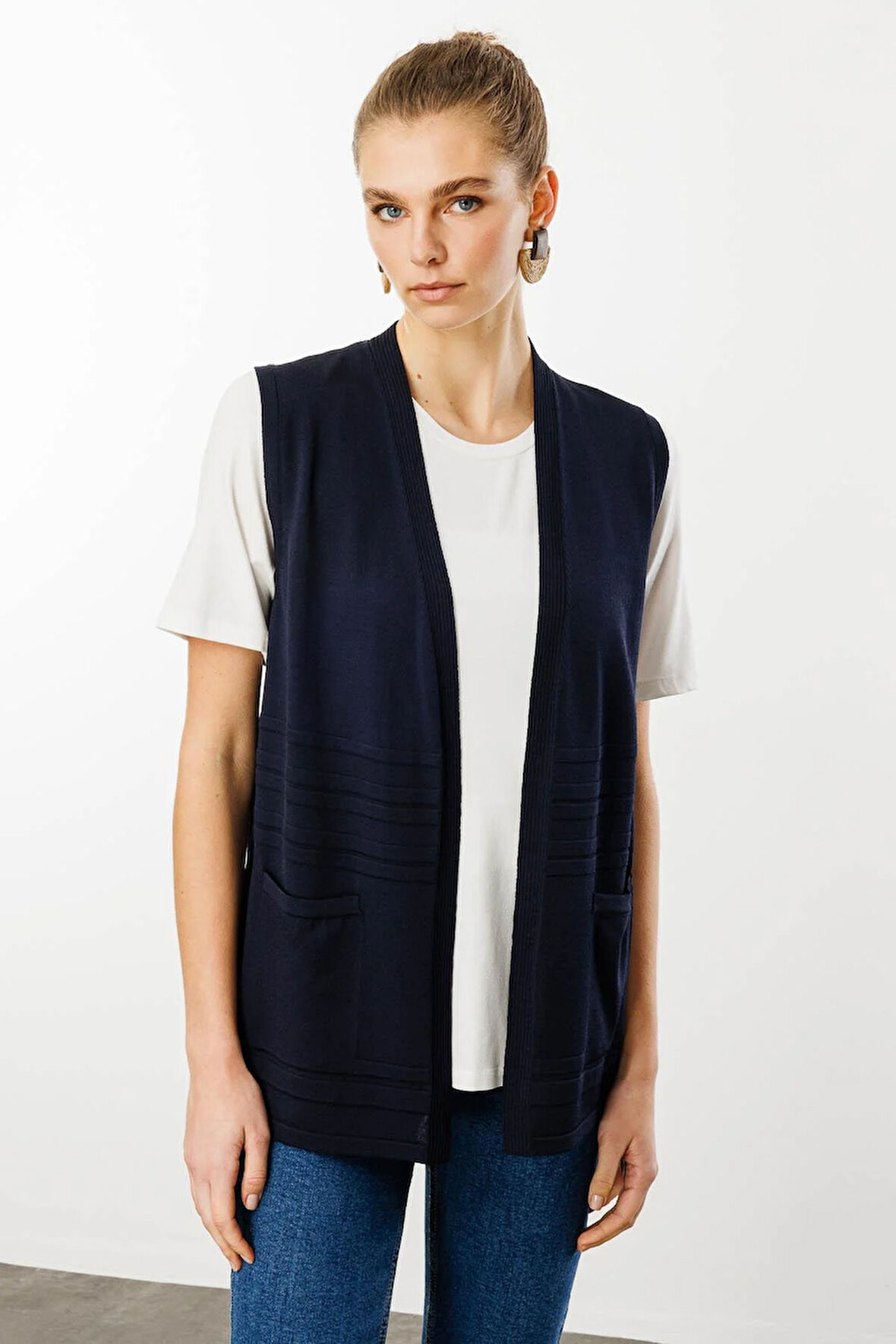 Kadın Cepli Yazlık Triko Yelek Lacivert