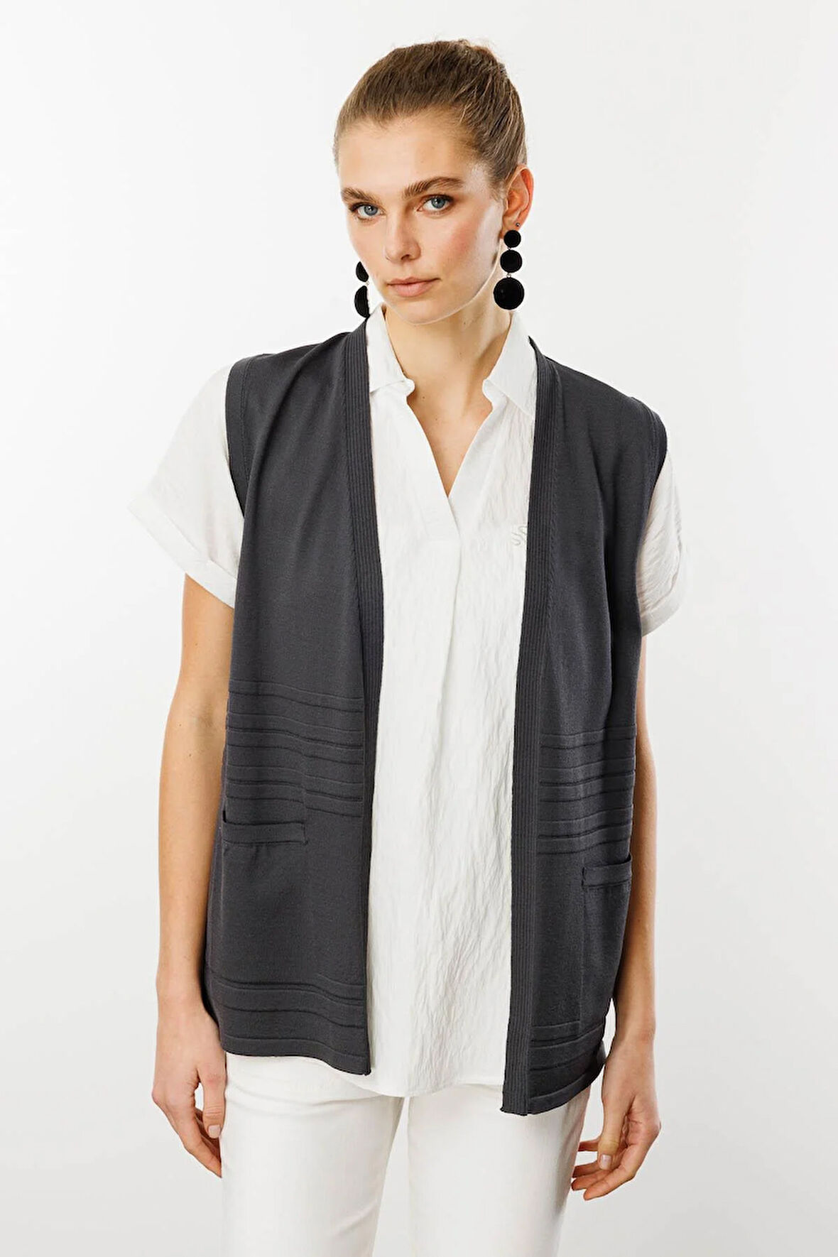 Kadın Cepli Yazlık Triko Yelek Gri