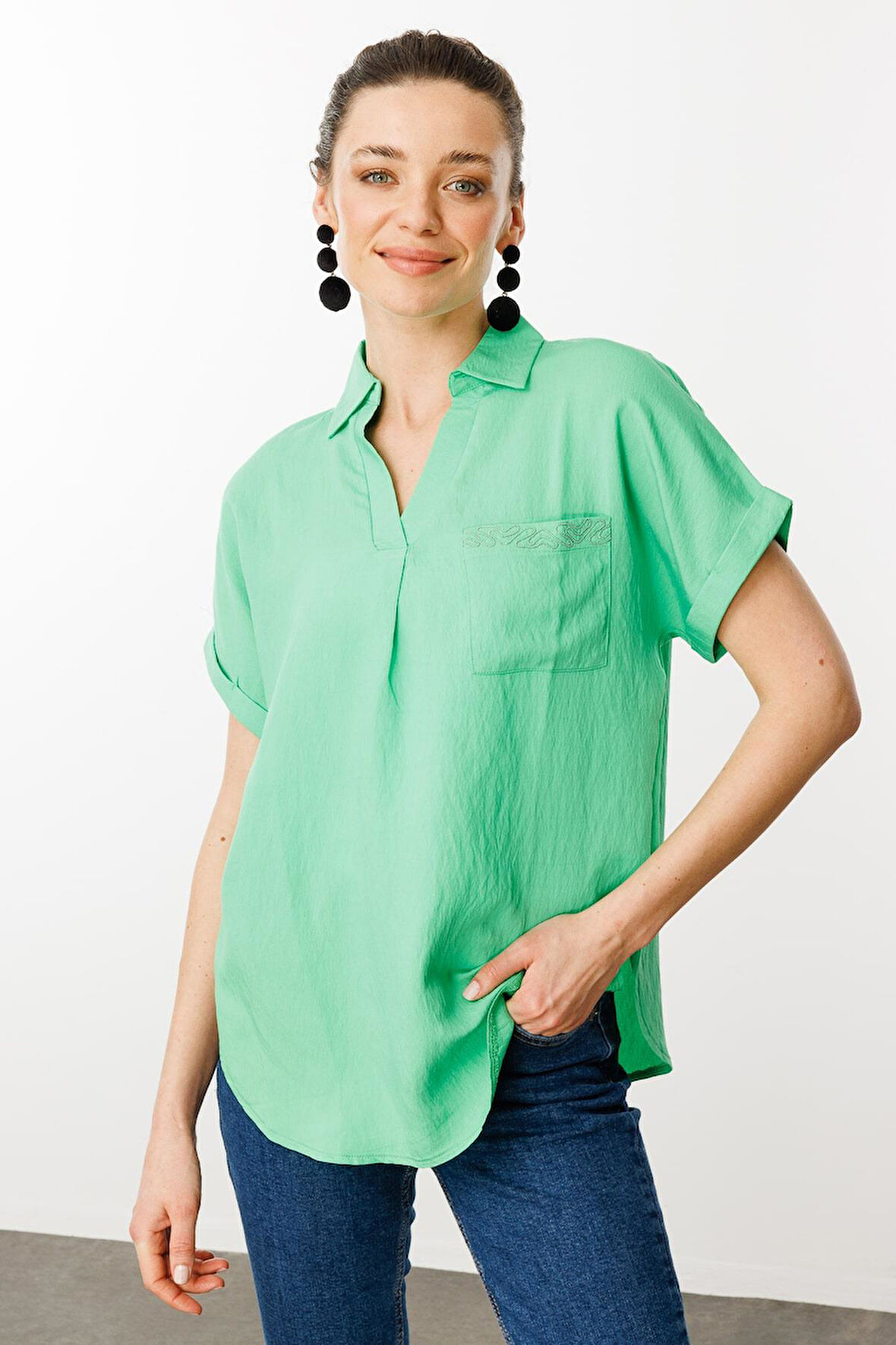 Kadın Polo Yaka Düşük Kol Gömlek Yeşil