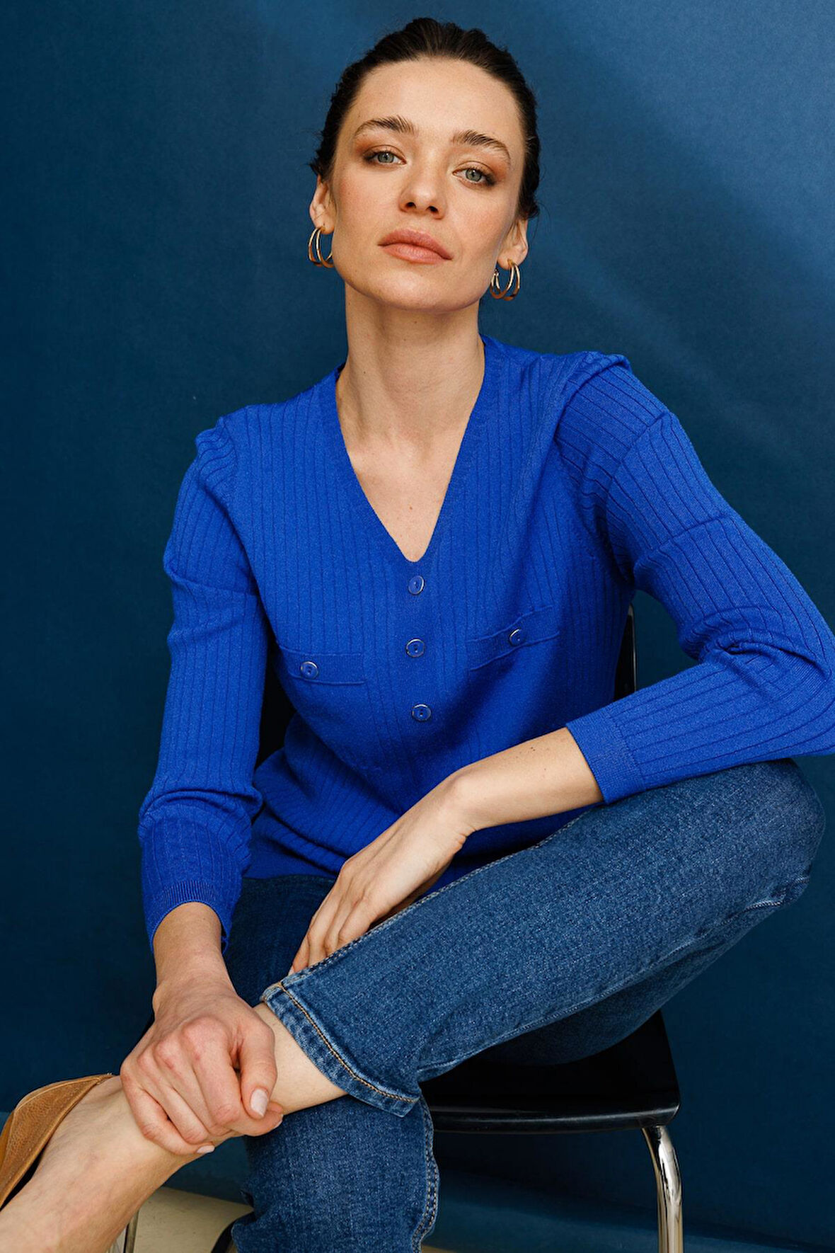 Kadın V Yaka Fitilli Triko Bluz Saks