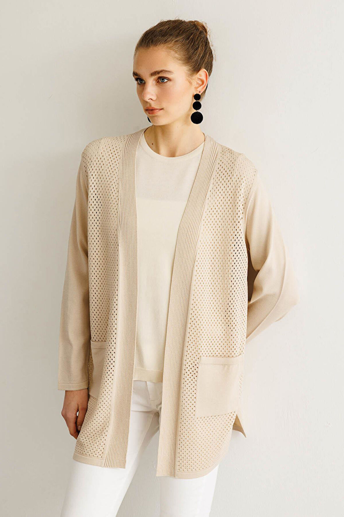 Kadın Delikli Araboy Yazlık Triko Hırka Bej