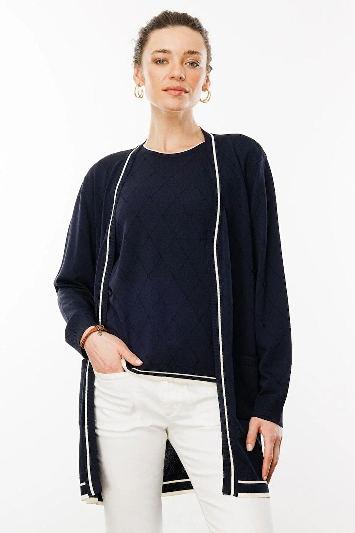 Kadın Sıfır Yaka Baklava Desenli Yazlık Hırka Lacivert