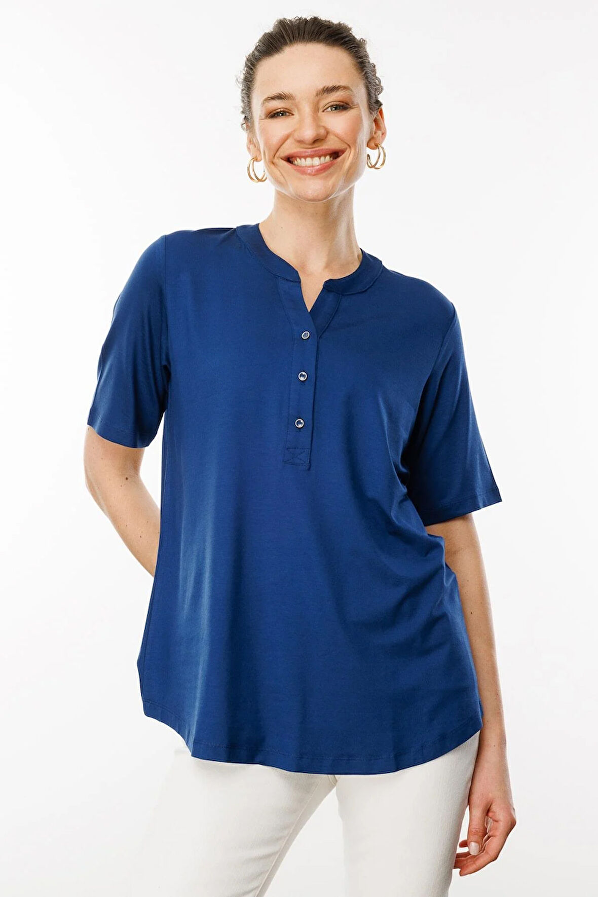 Kadın Yakası Düğmeli Penye T-shirt İndigo