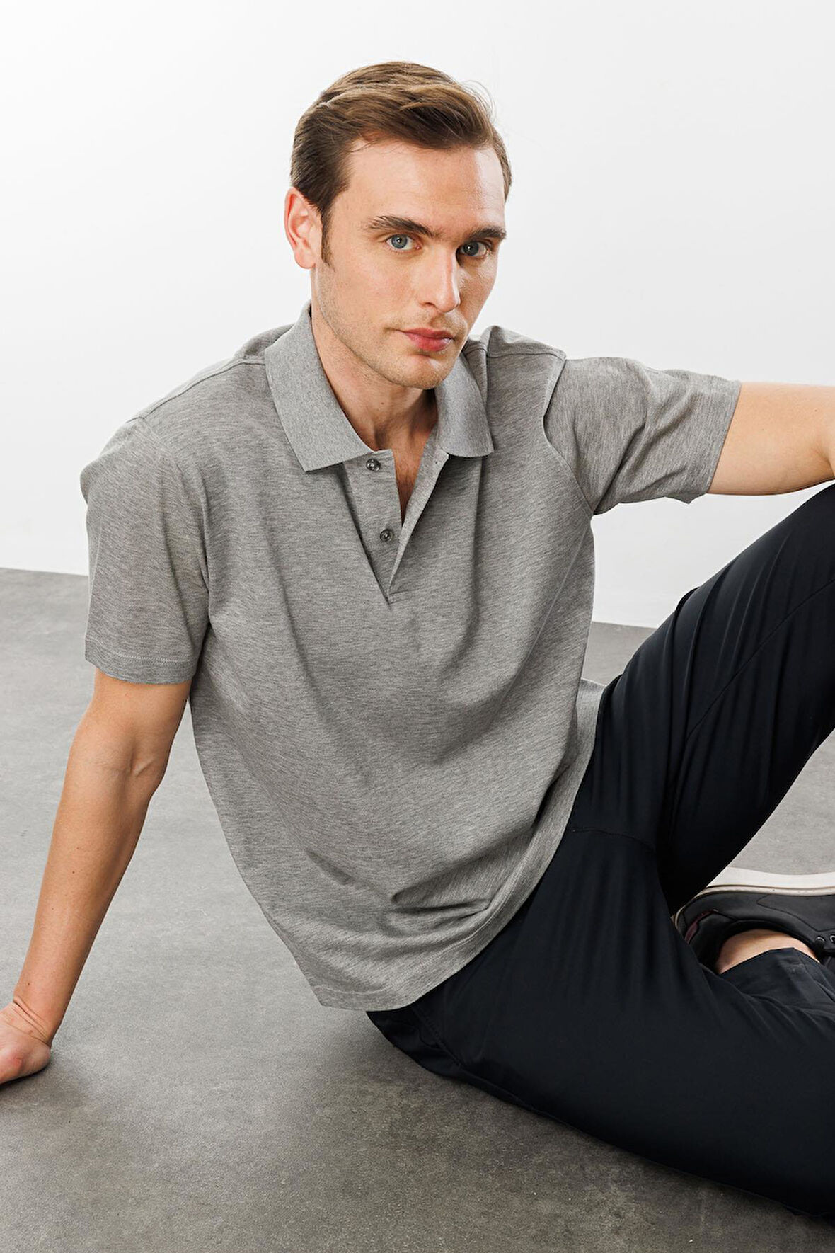 Erkek Polo Yaka Pike Merserize T-shirt Gri Melanj