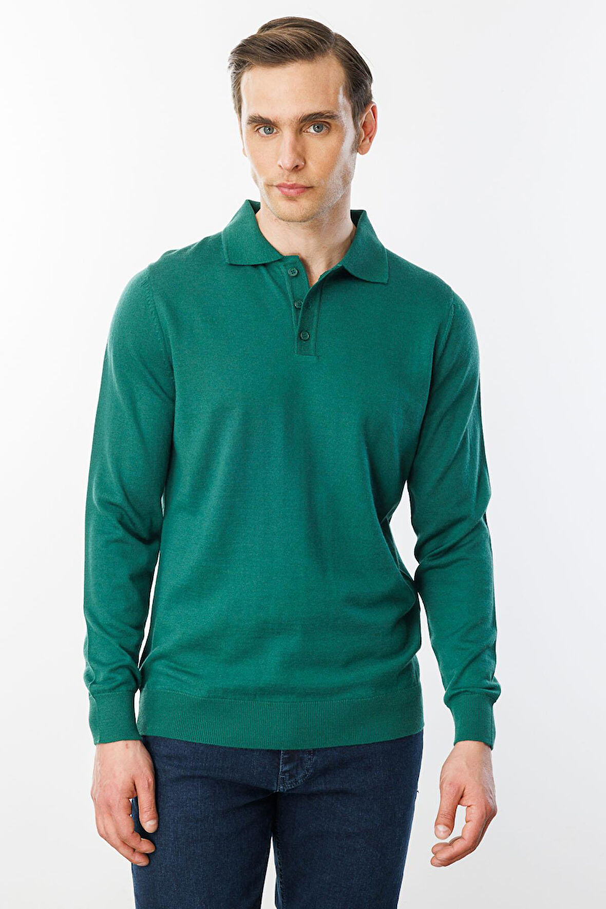 Erkek Basic Polo Yaka İnce Triko Kazak Ö.Başı