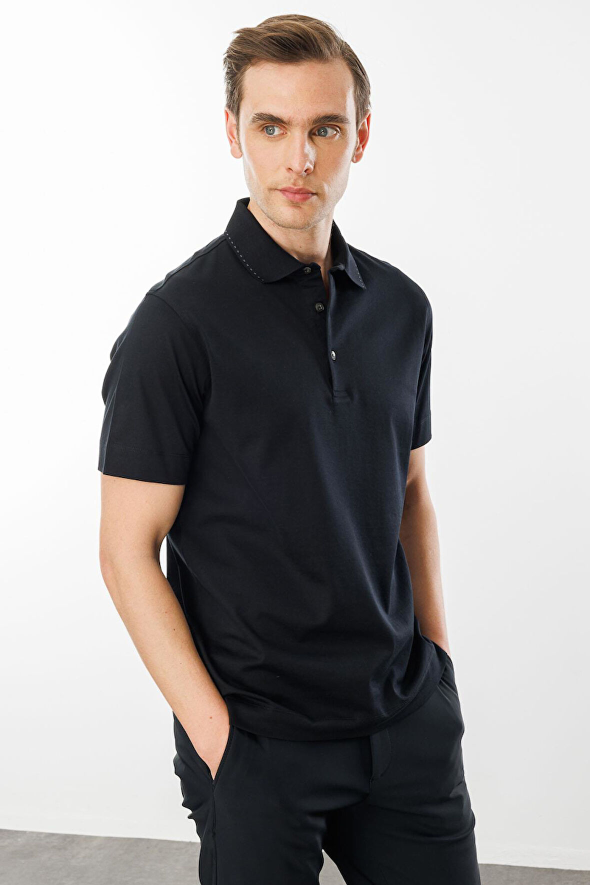 Erkek Polo Yaka Merserize T-shirt Siyah