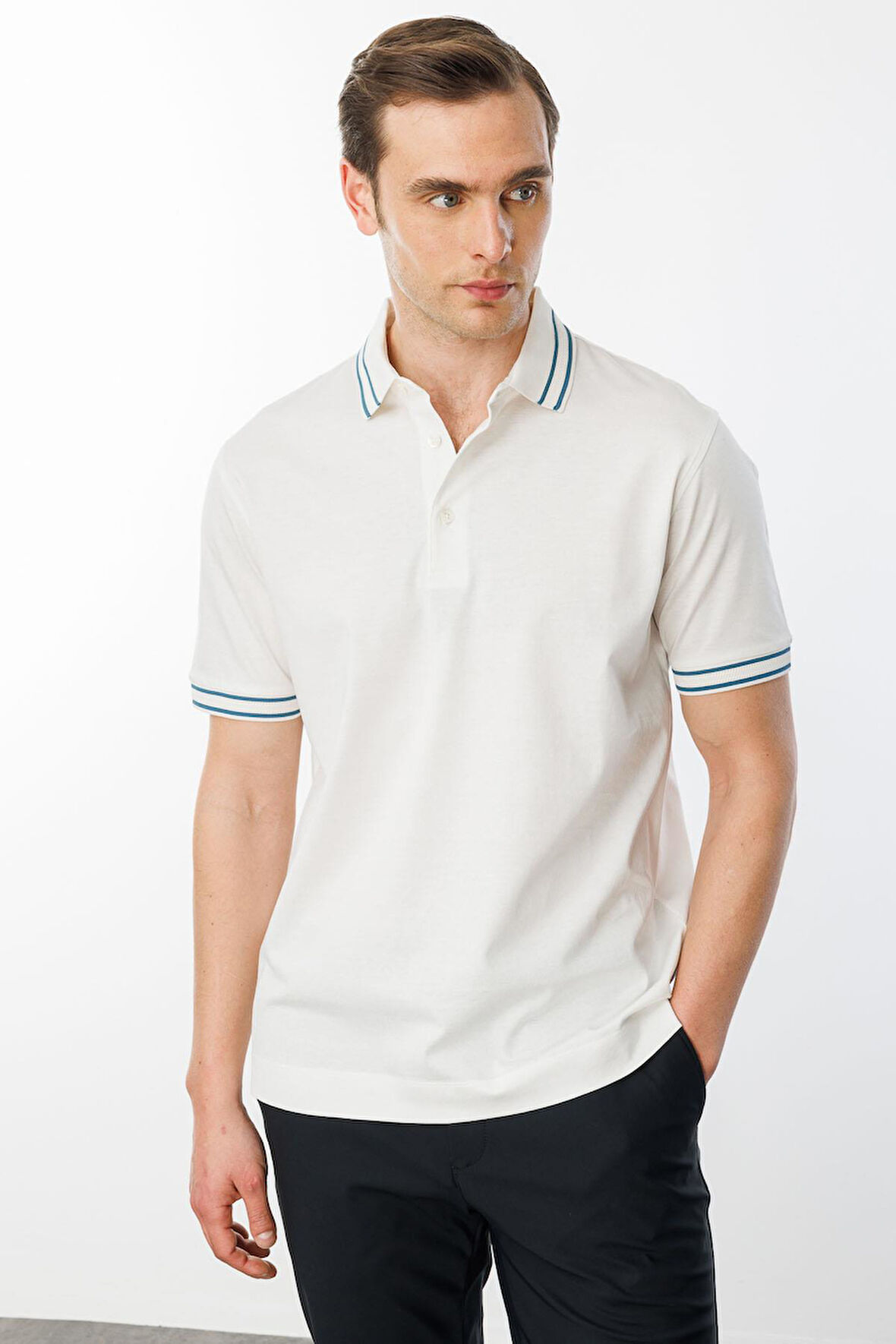 Erkek Polo Yaka Merserize T-shirt Beyaz