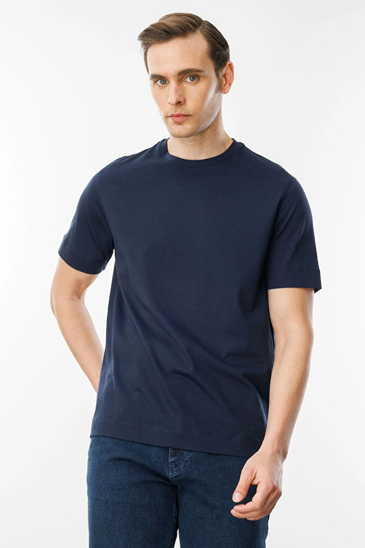 Erkek Sıfır Yaka Pamuklu T-shirt Lacivert