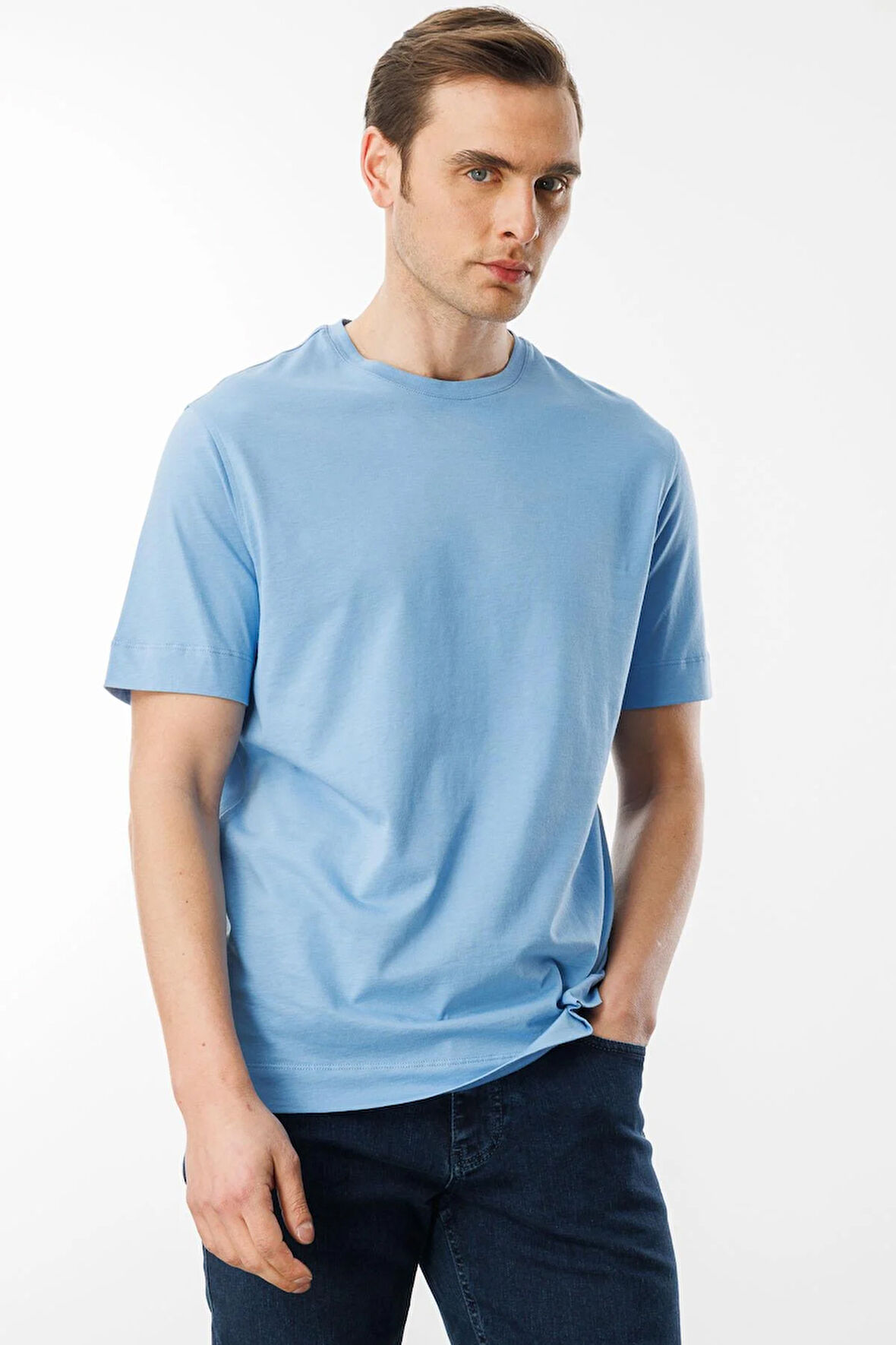 Erkek Sıfır Yaka Pamuklu T-shirt Mavi