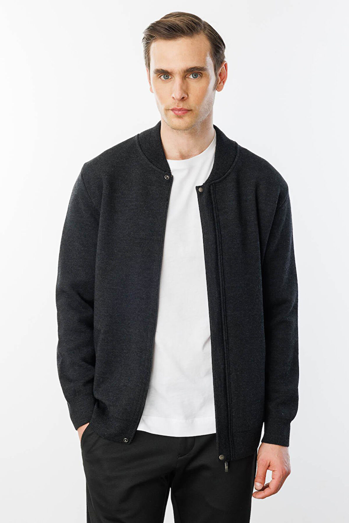 Erkek Hakim Yaka Çelik Örgü Triko Yün Ceket K.Füme