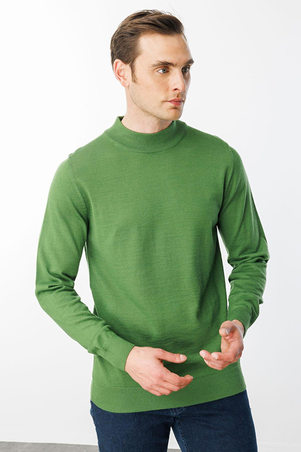 Erkek Basic Yarım Balıkçı İnce Triko Kazak K.Yosun