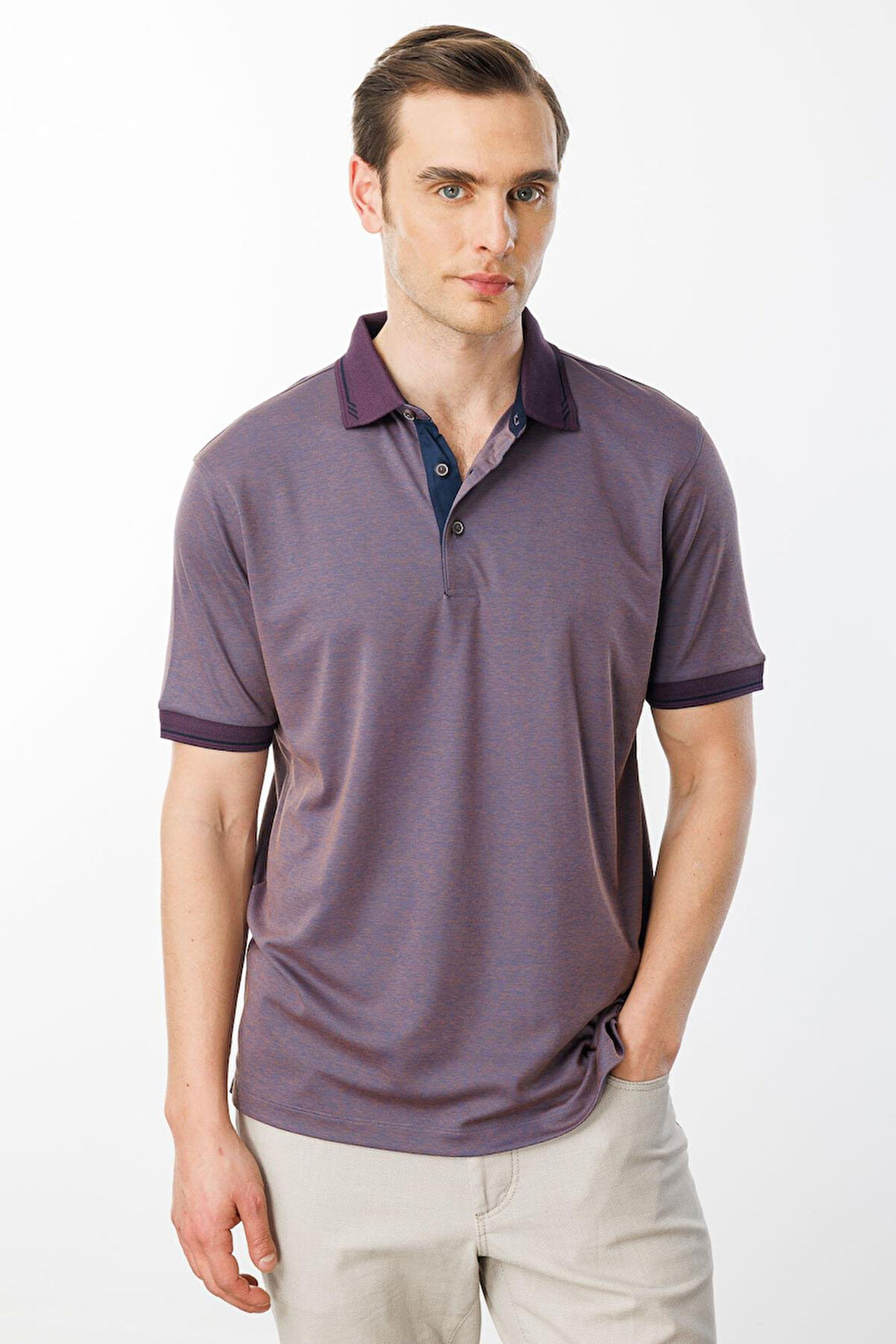 Erkek Polo Yaka Yakası ve Kolu Triko T-shirt Kahve