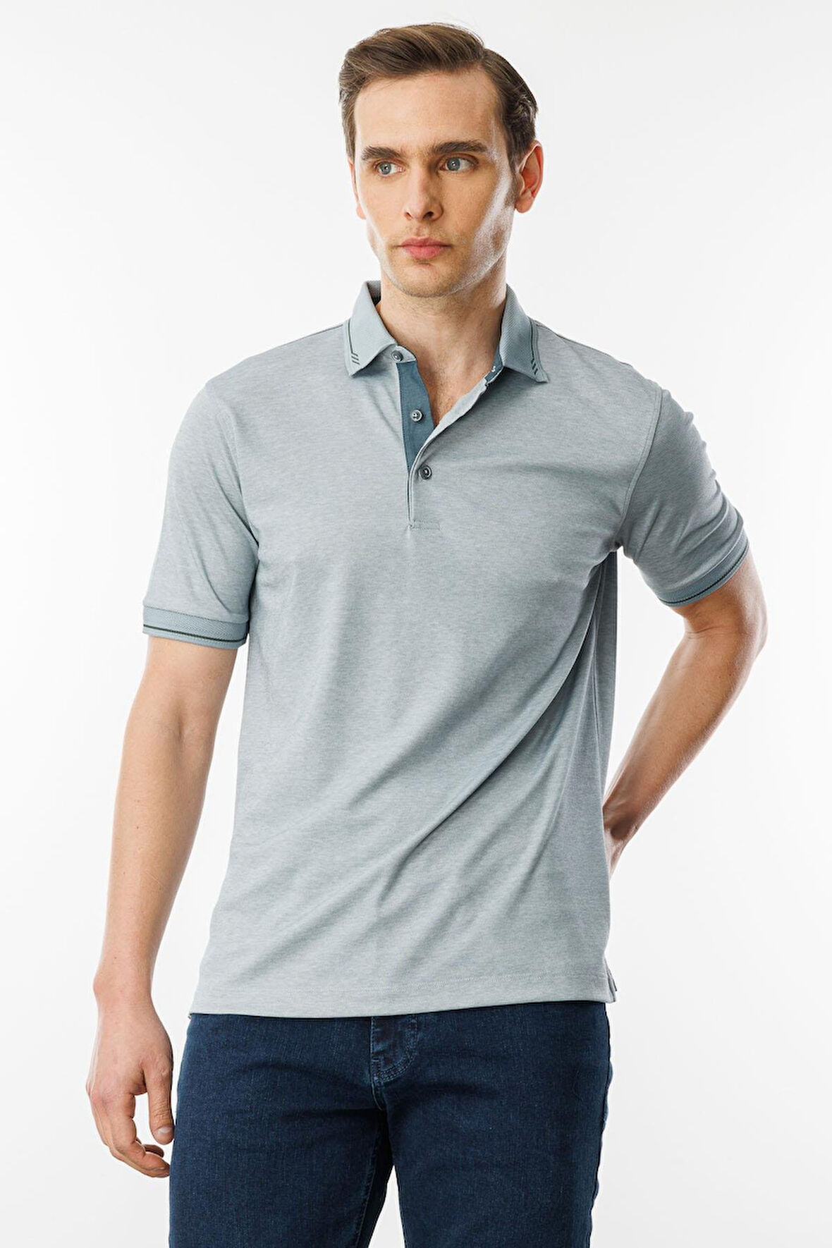 Erkek Polo Yaka Yakası ve Kolu Triko T-shirt Gri