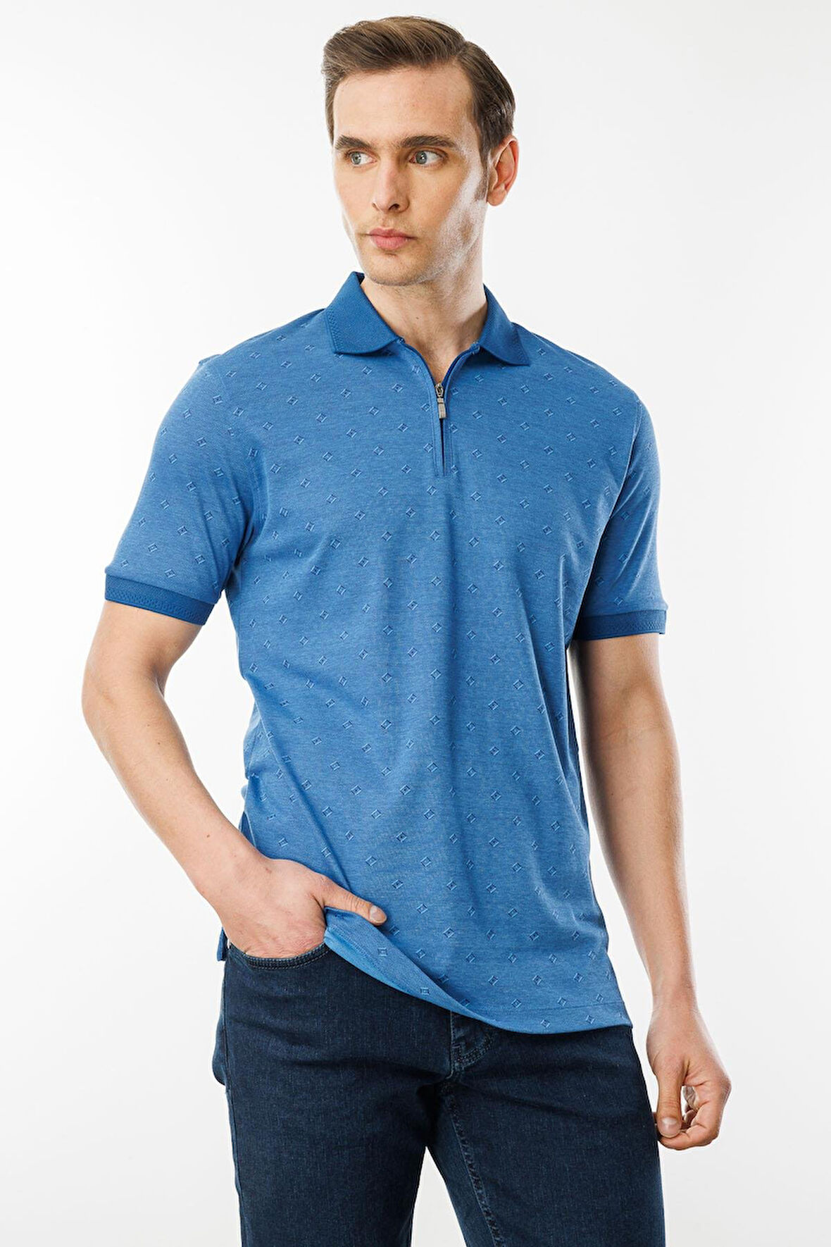 Erkek Fermuarlı T-shirt Saks