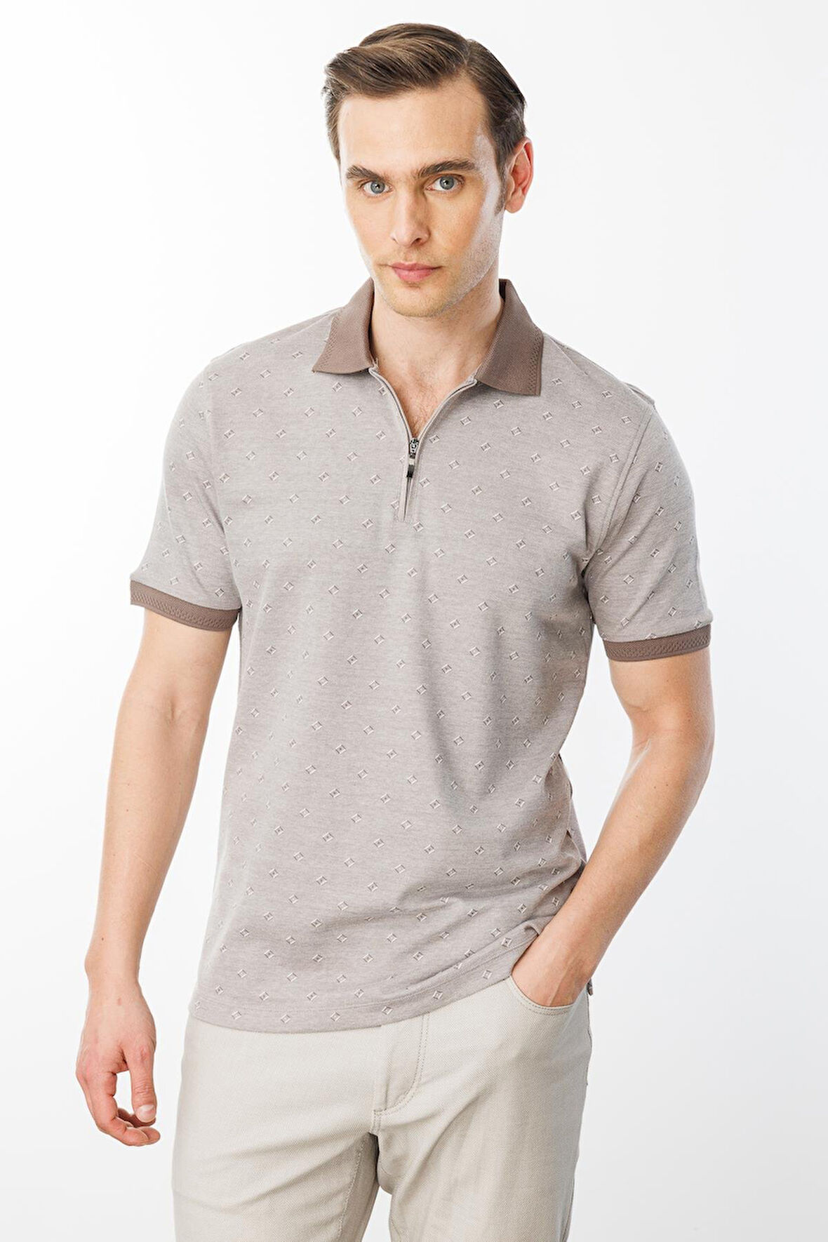 Erkek Fermuarlı T-shirt Bej