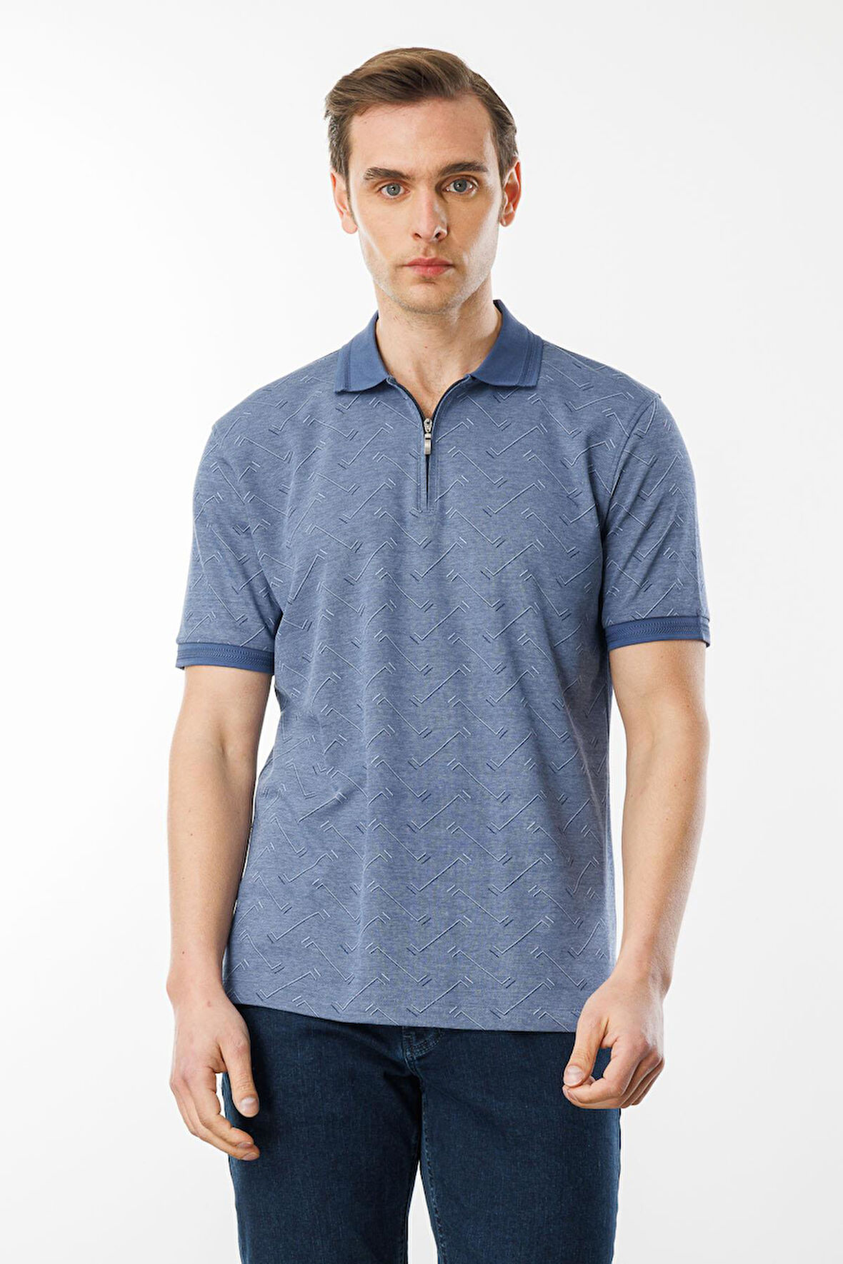 Erkek Fermuarlı Jakarlı T-shirt Lacivert