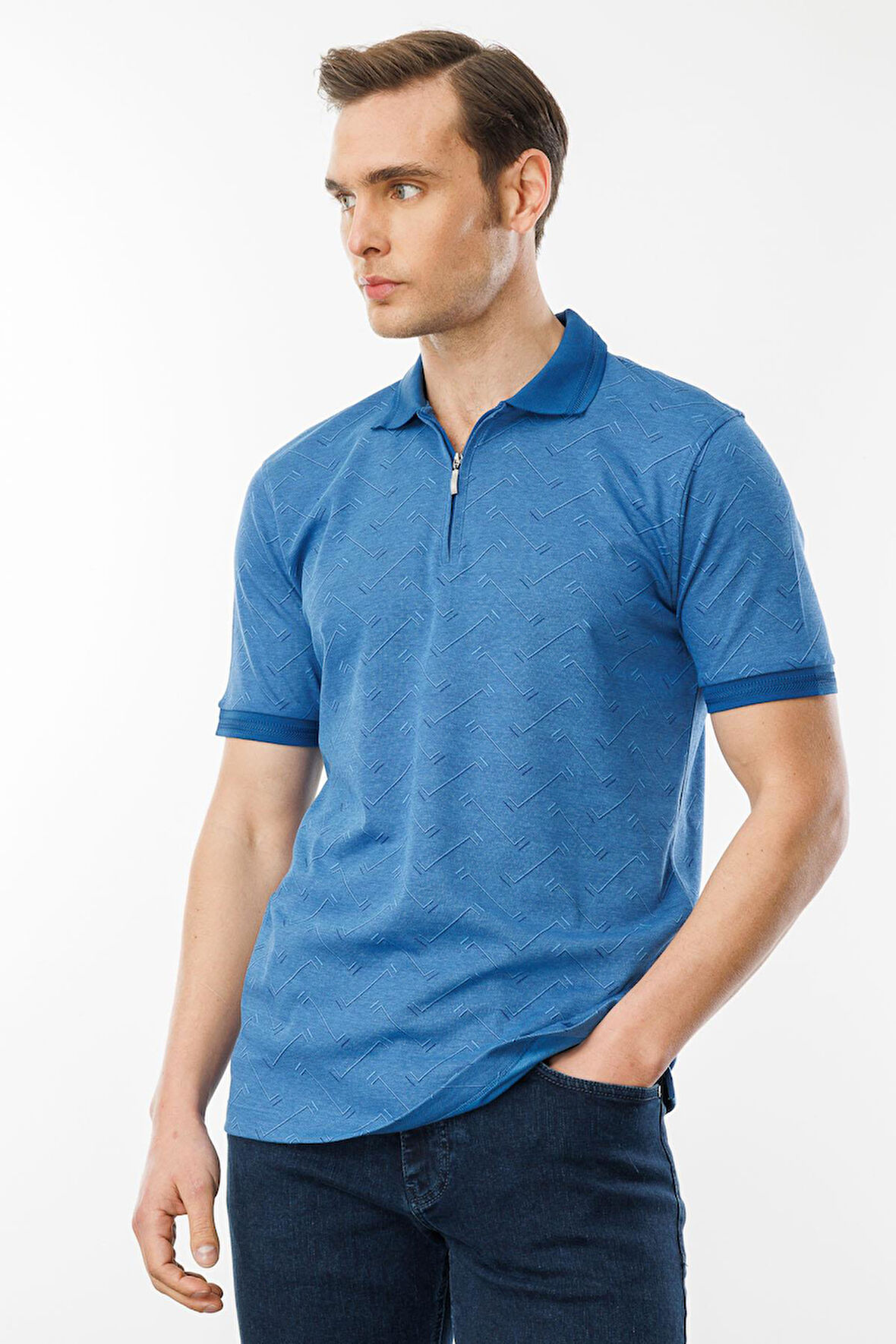 Erkek Fermuarlı Jakarlı T-shirt Saks