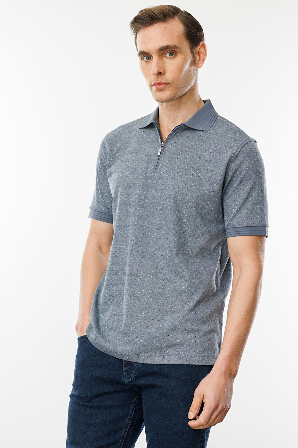 Erkek Fermuarlı Jakarlı T-shirt Füme