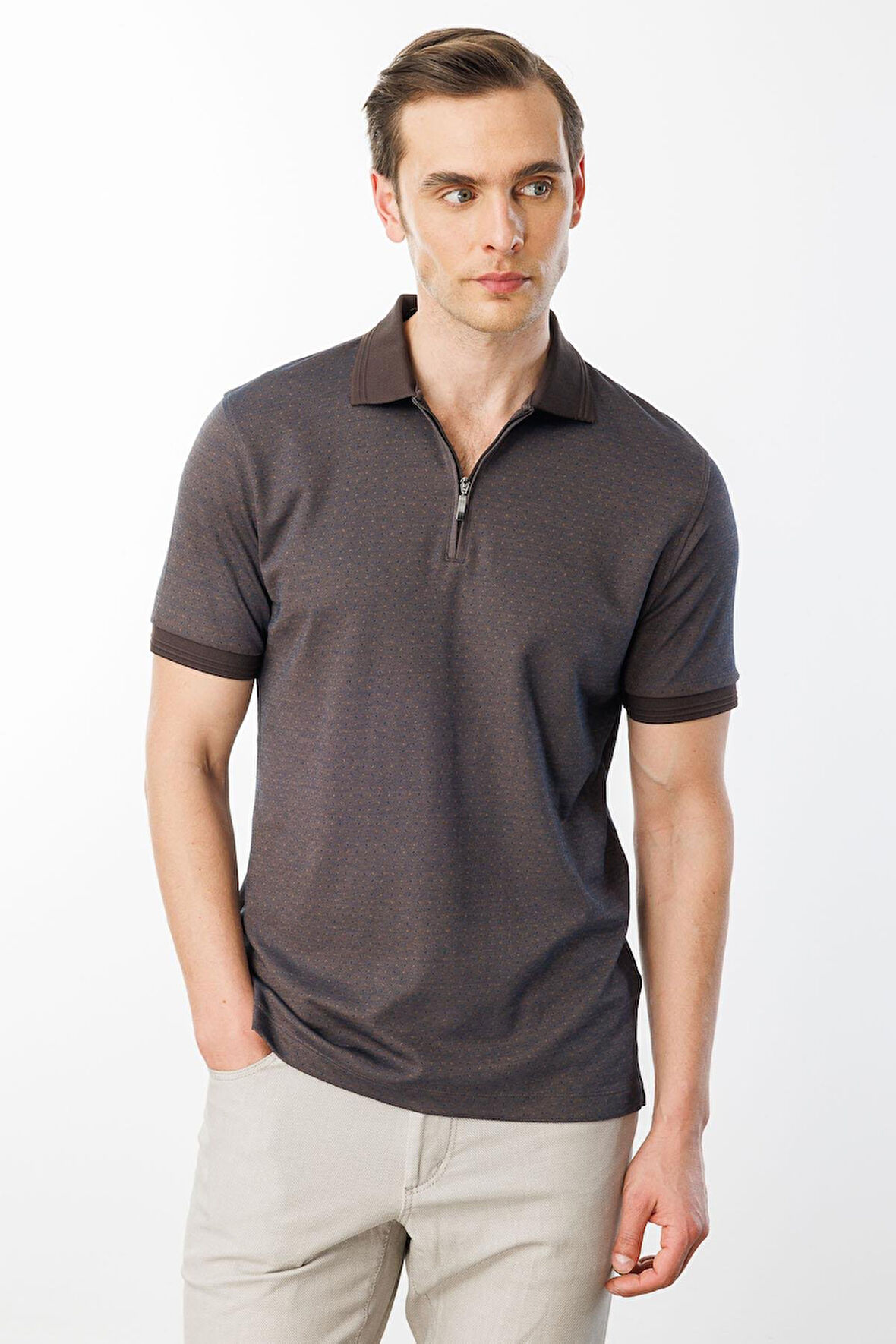 Erkek Fermuarlı Jakarlı T-shirt Kahve