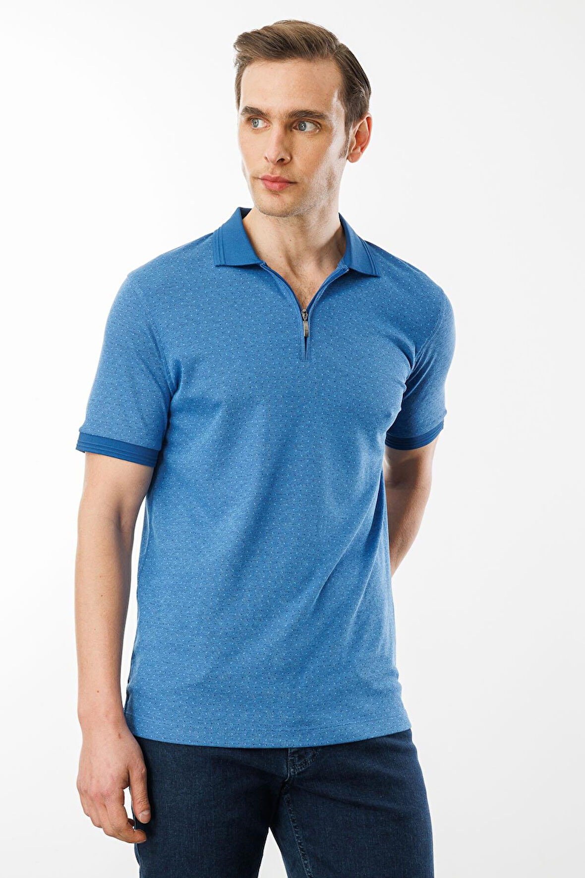 Erkek Fermuarlı Jakarlı T-shirt Saks