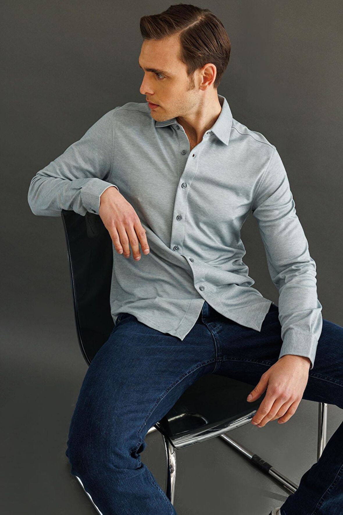 Erkek Uzun Kol Manşetli Gömlek Gri