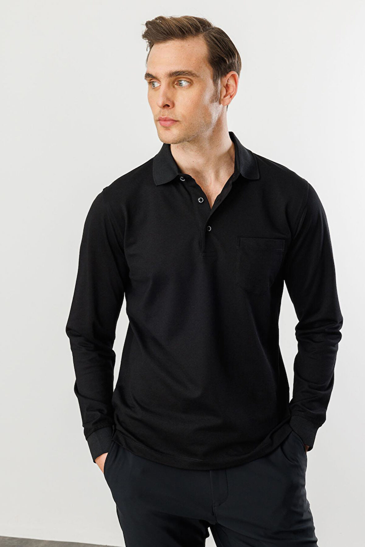 Erkek Polo Yaka Cepli Uzun Kollu Sweatshirt Siyah