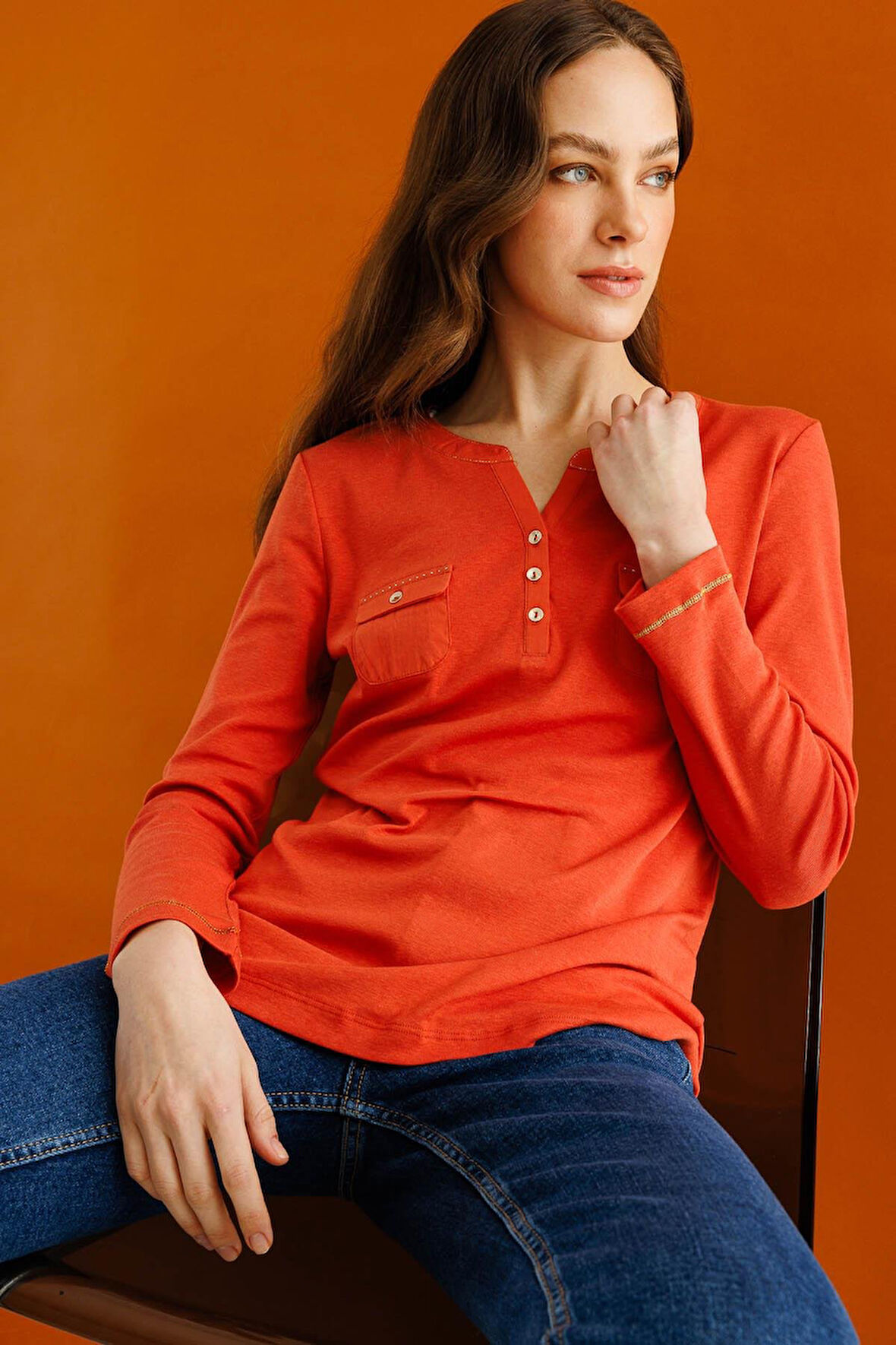 Kadın Açma Yaka Önü Cepli Pamuklu Bluz Kiremit