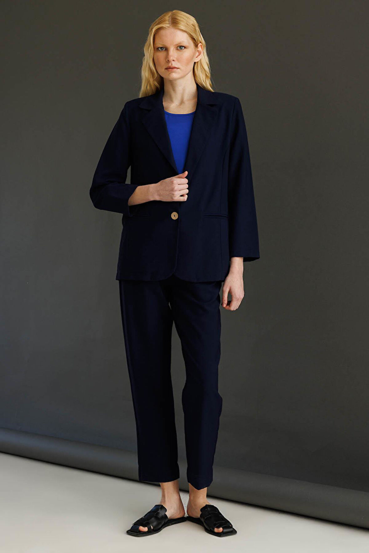 Kadın Tek Düğmeli Keten Ceket Lacivert