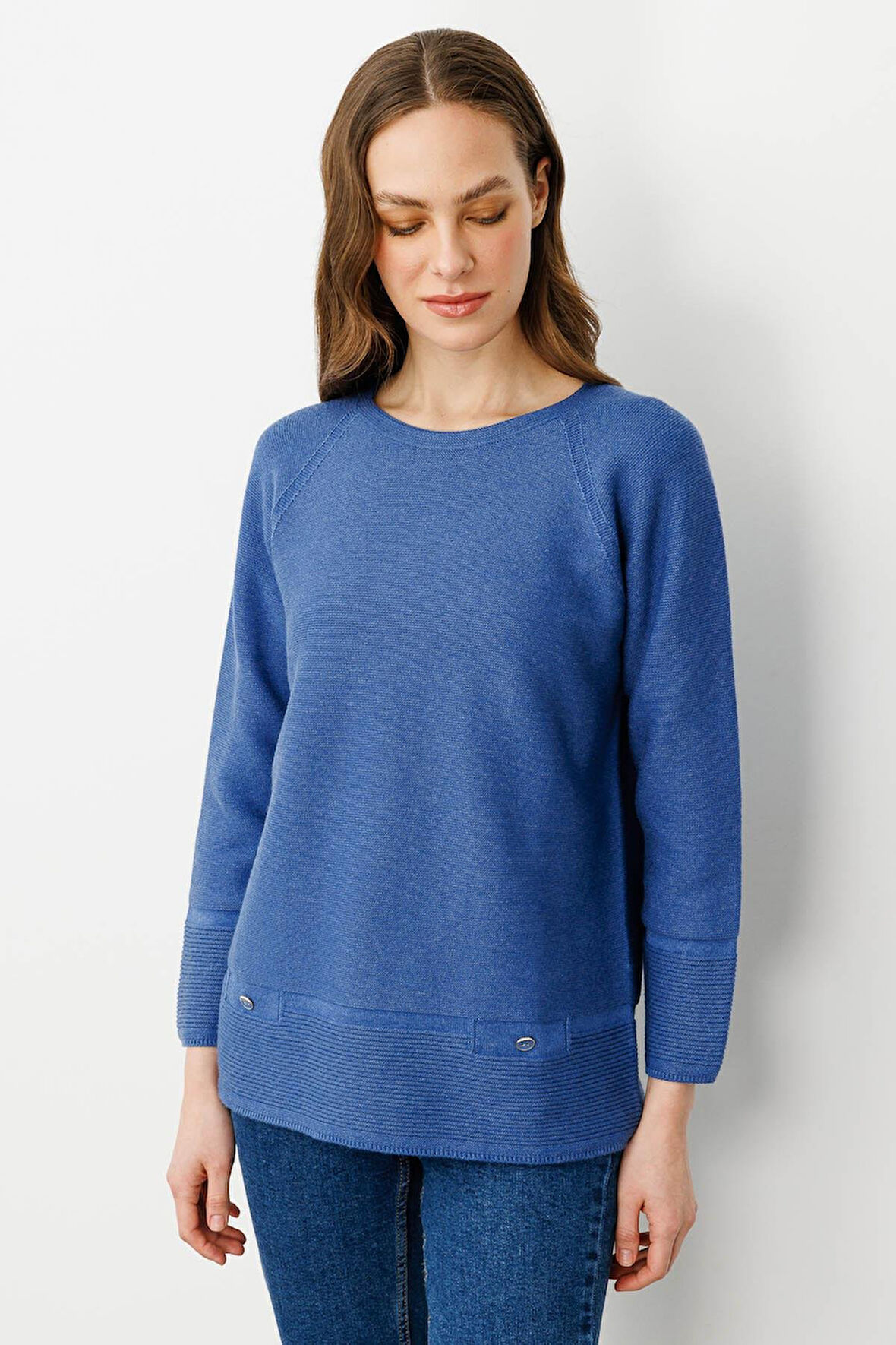 Kadın Sıfır Yaka Dikişsiz Kazak İndigo