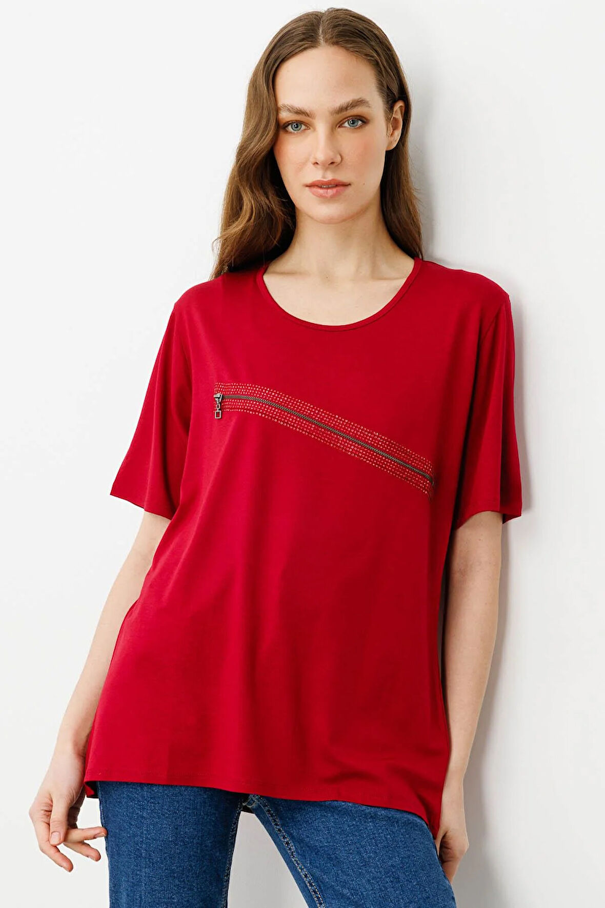 Kadın Taş Baskılı Fermuar Aksesuarlı Penye T-shirt Kırmızı