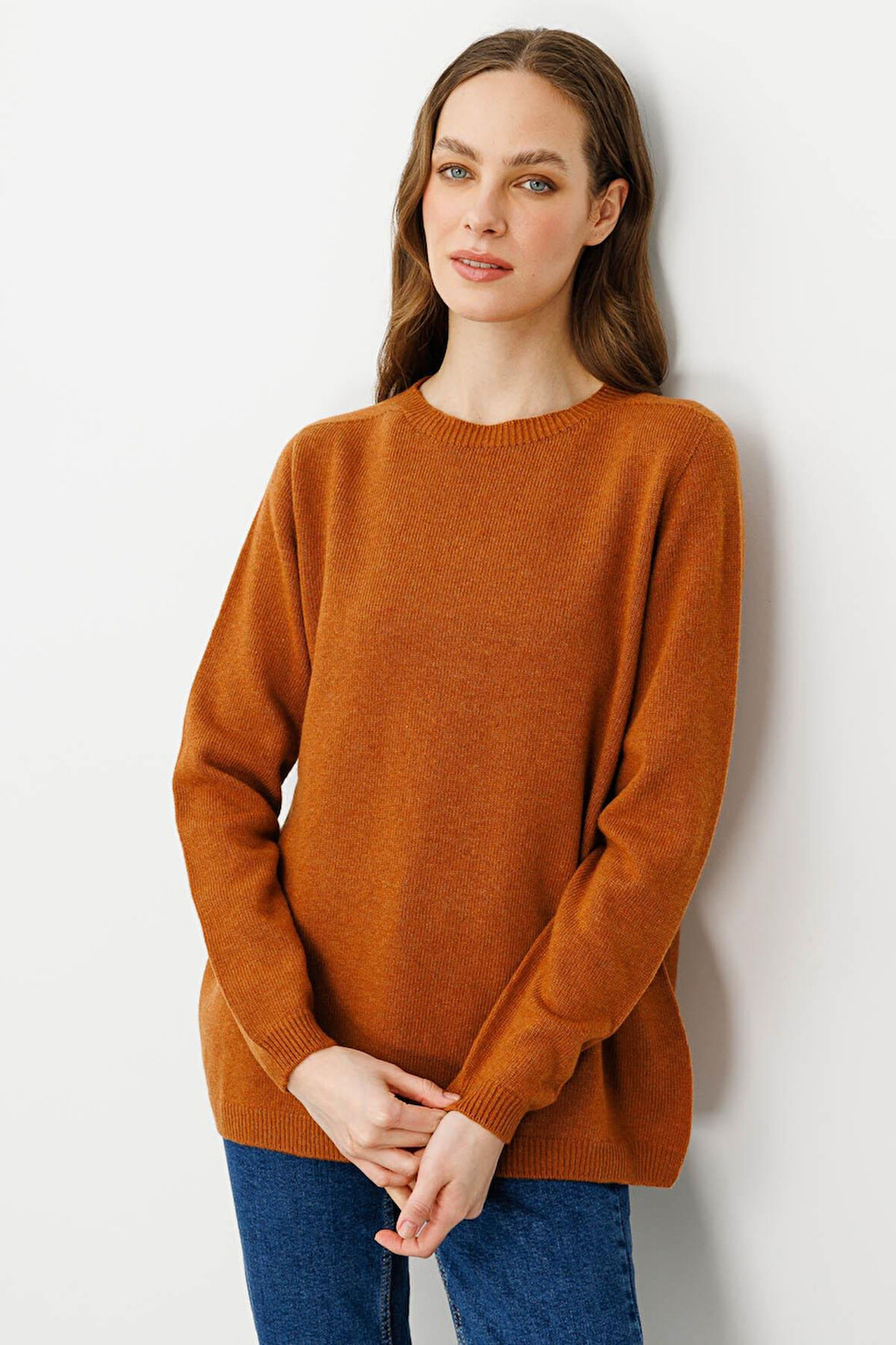 Kadın Sıfır Yaka Klasik Yün Kazak Tarçın