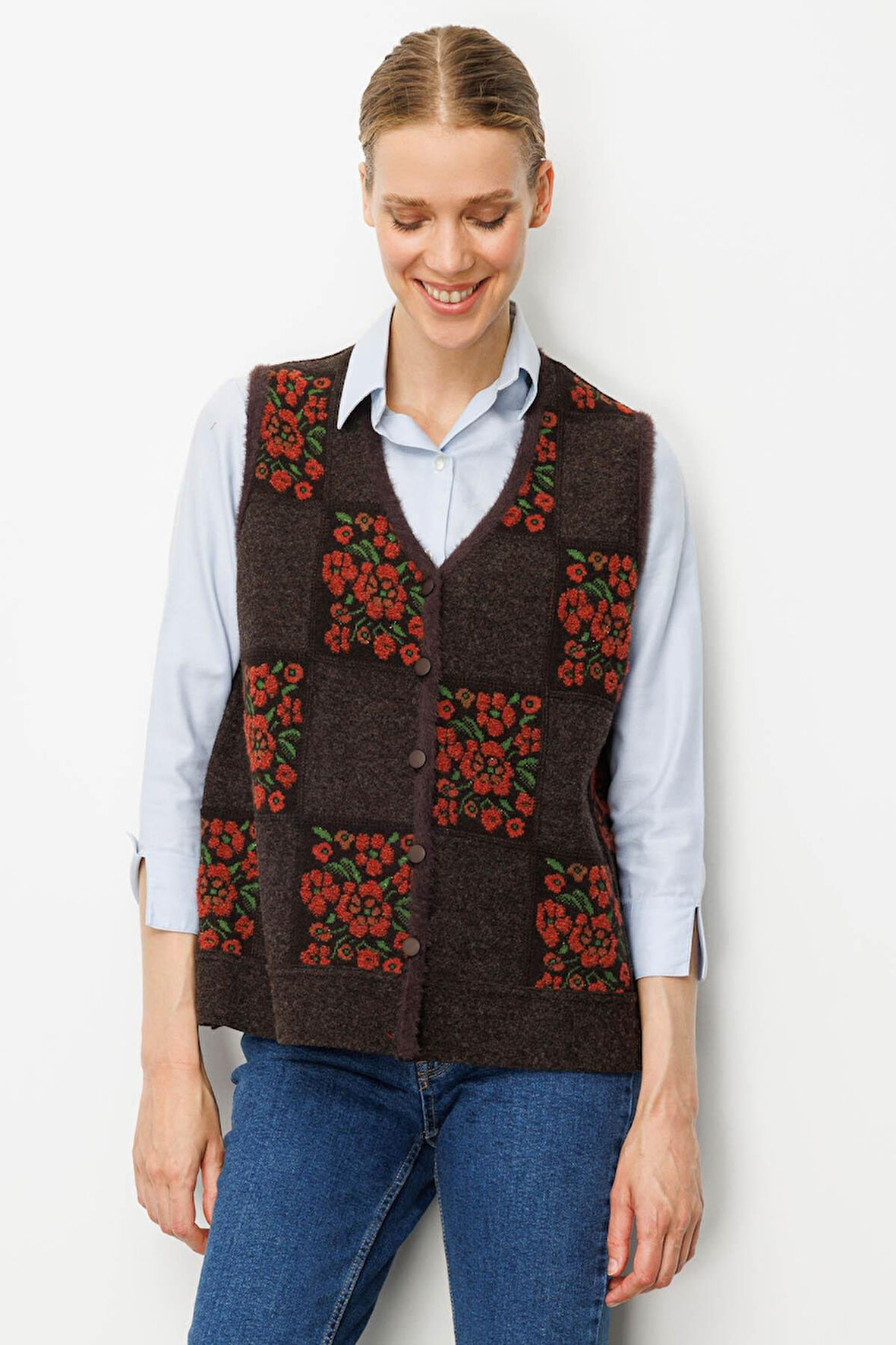 Kadın Pıtırcık Çiçekli Patchwork Keçe Yün Yelek K.Kahve_Kiremit