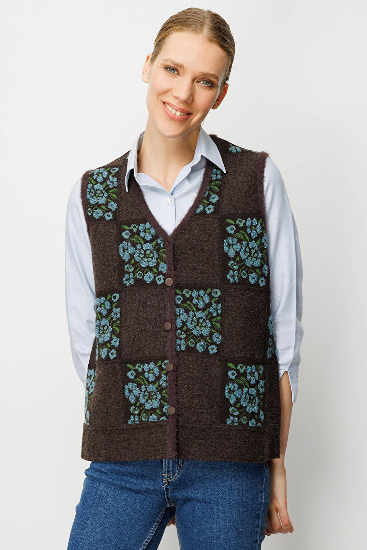 Kadın Pıtırcık Çiçekli Patchwork Keçe Yün Yelek K.Kahve_M.Yeşil