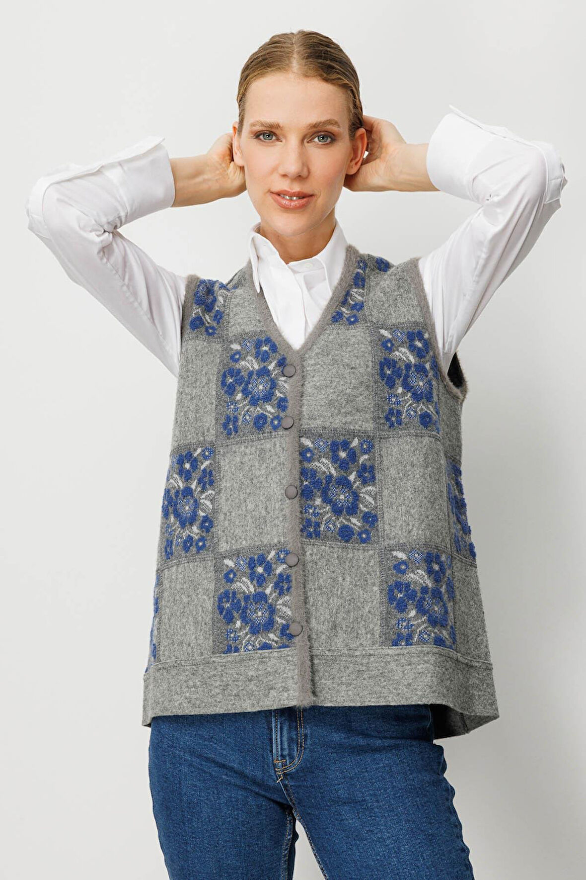 Kadın Pıtırcık Çiçekli Patchwork Keçe Yün Yelek Y.Füme_Mavi