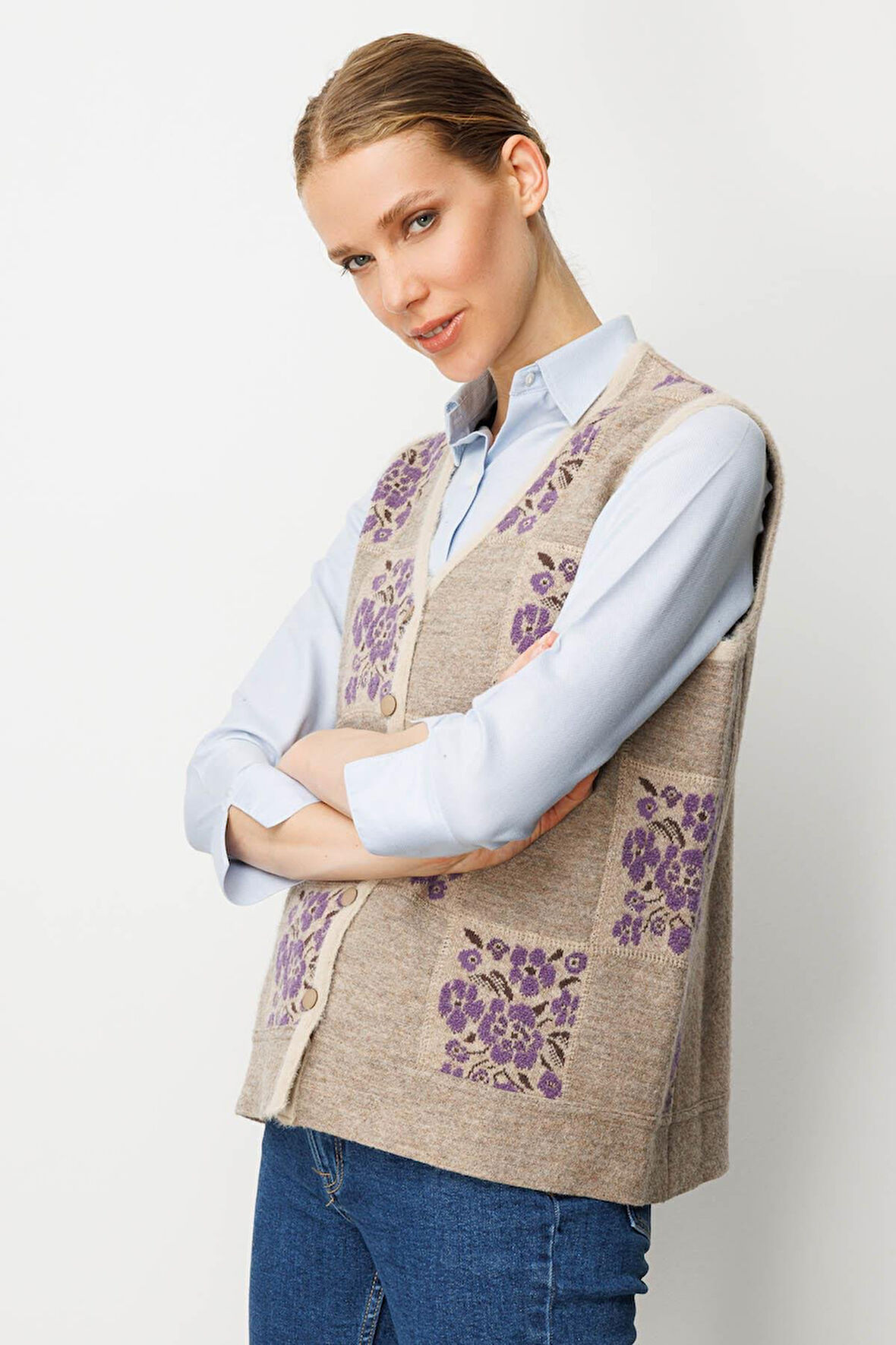 Kadın Pıtırcık Çiçekli Patchwork Keçe Yün Yelek Bej_Mor