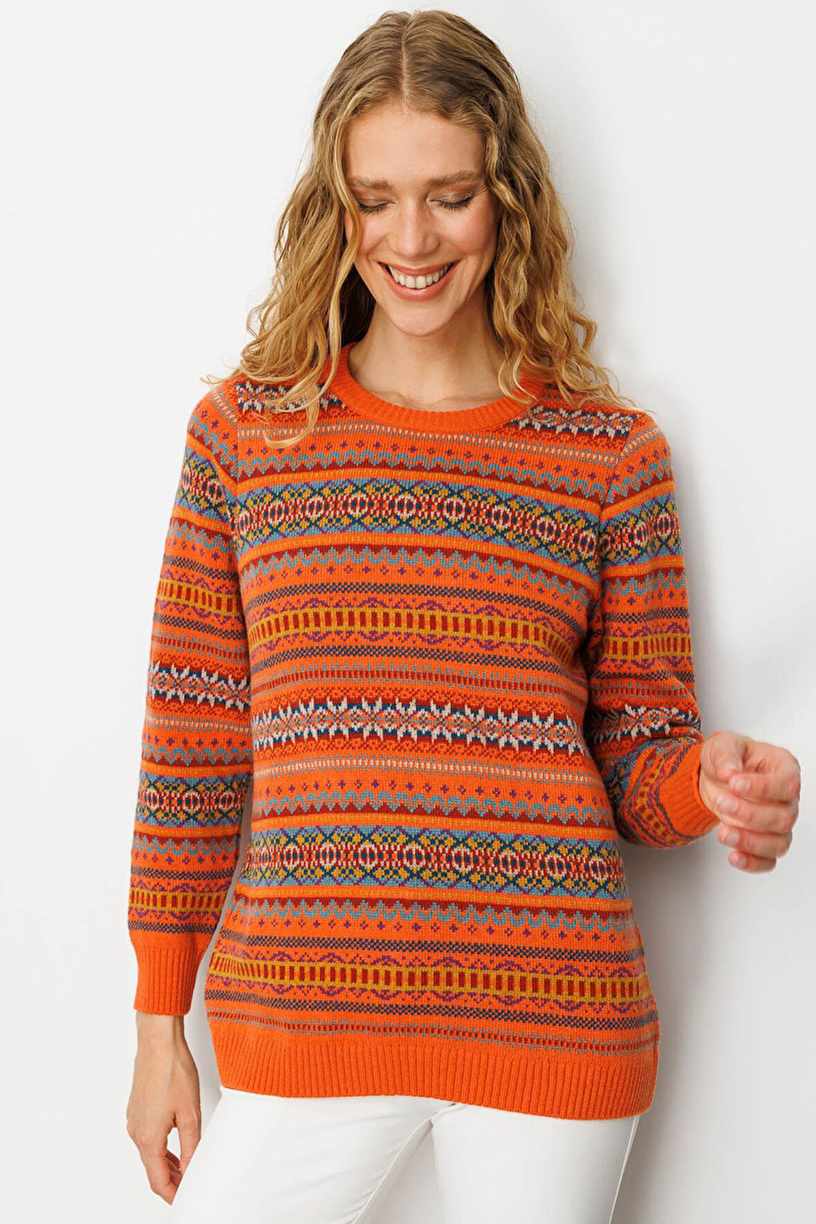 Kadın Sıfır Yaka Komple Jakarlı Yün Kazak Portakal