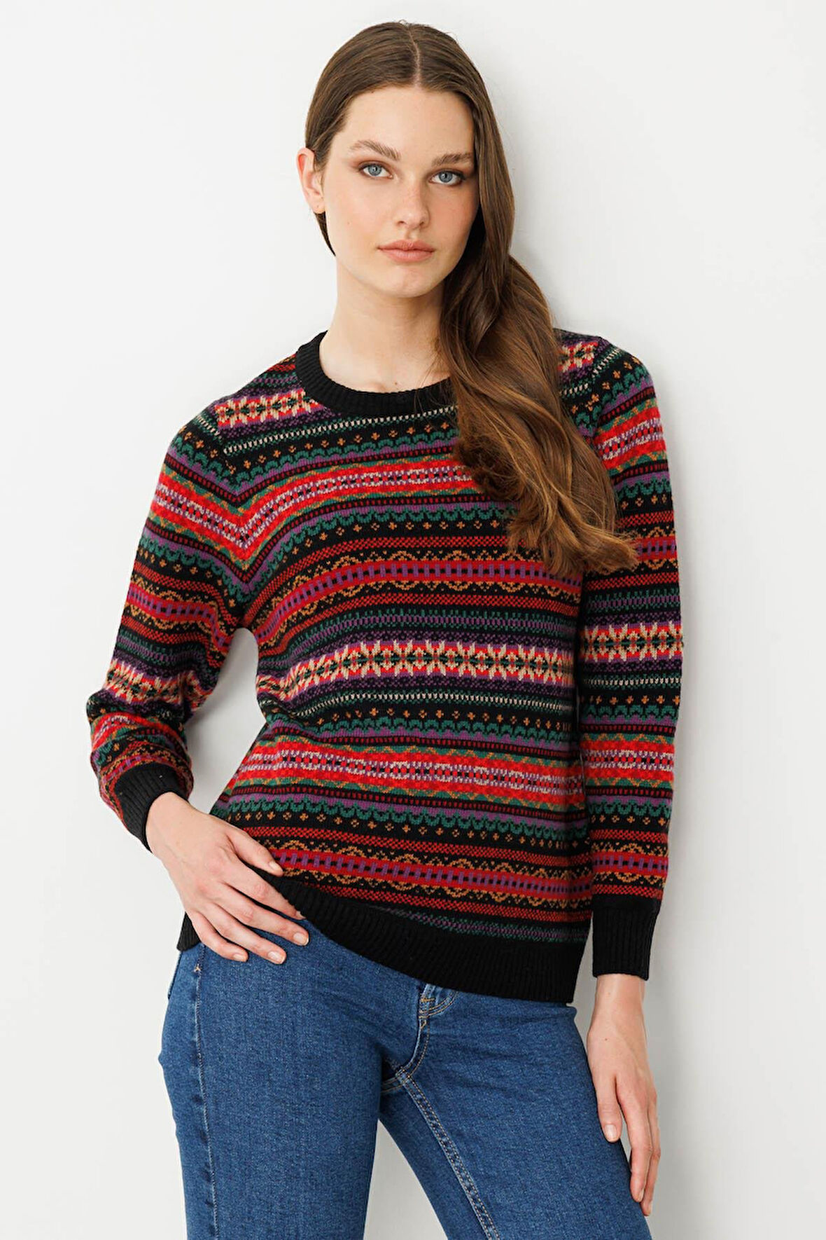 Kadın Sıfır Yaka Komple Jakarlı Yün Kazak Siyah