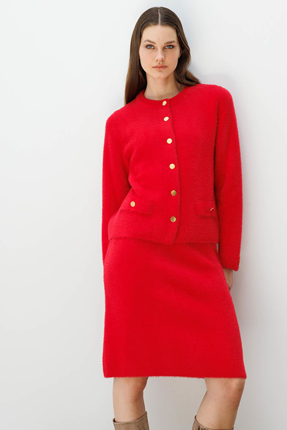 Kadın Sıfır Yaka Metal Düğmeli Afrodit Kısa Triko Ceket Y.Kırmızı