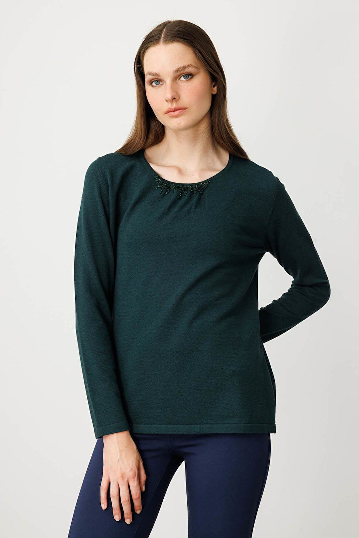 Kadın Sıfır Yaka Dantel Çiçek İşlemeli Ligralı Bluz Yeşil