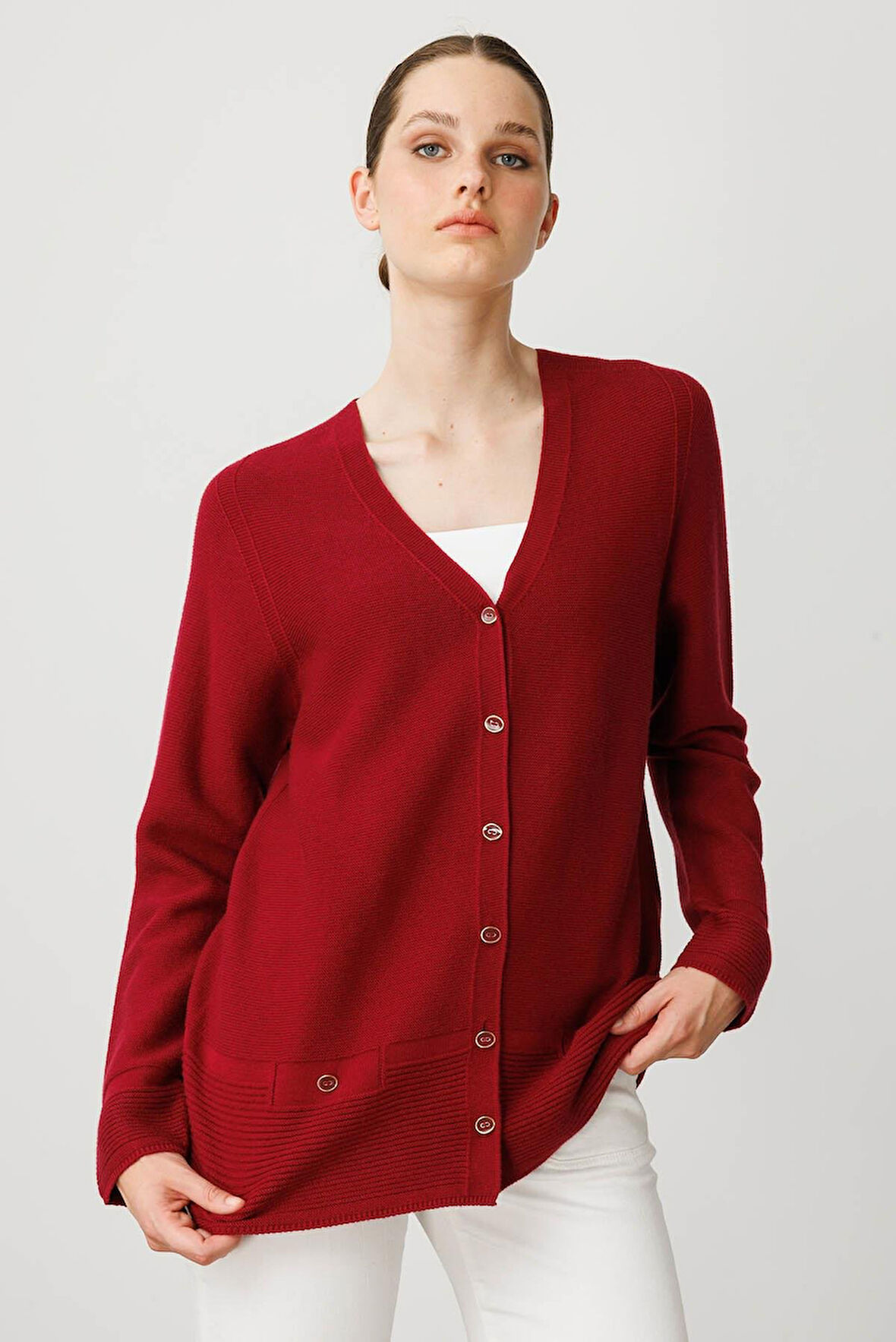 Kadın V Yaka Sahte Cepli Düğmeli Hırka V.Çürüğü