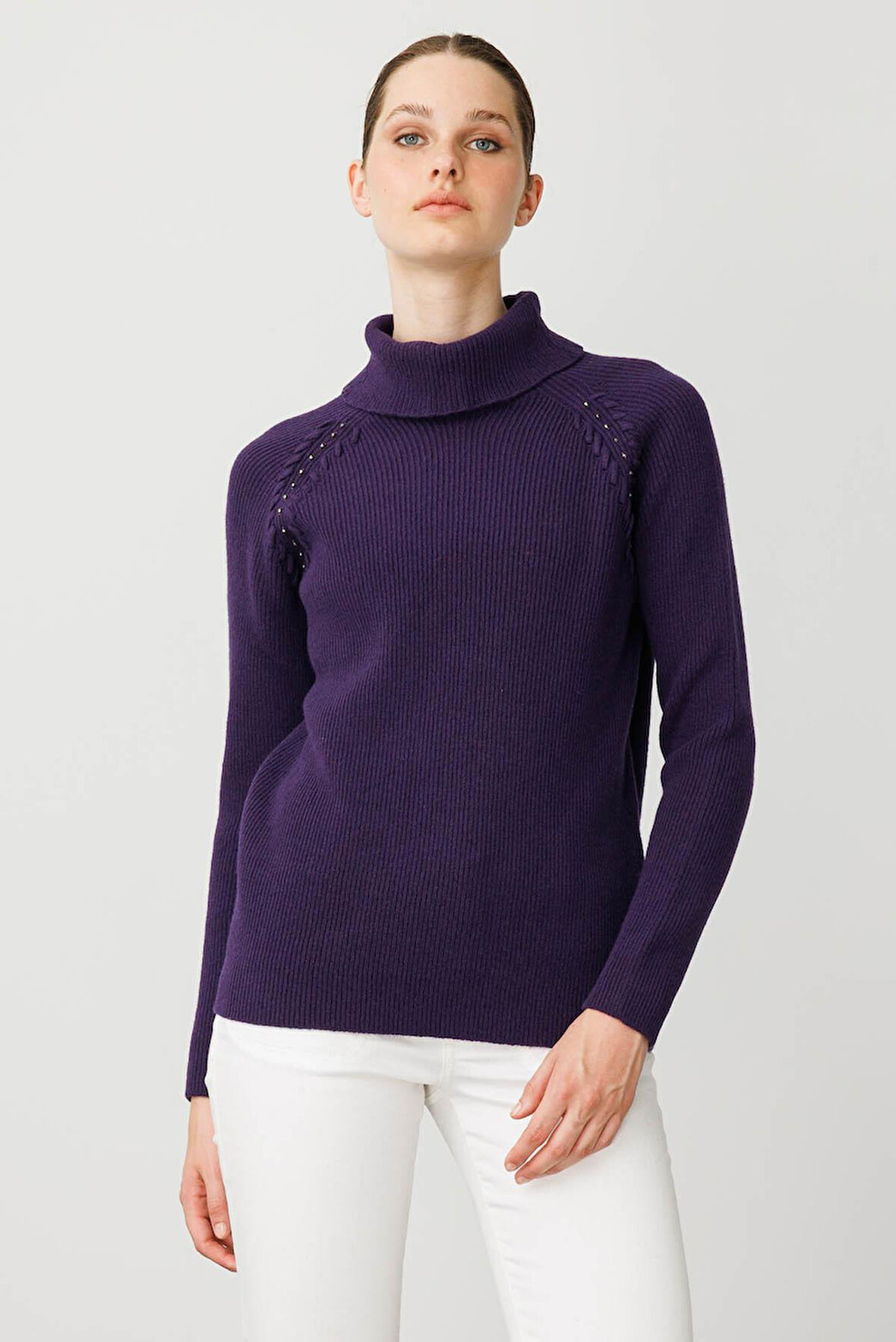 Kadın Tam Balıkçı Yaka Kolu Boncuklu Yün Kazak K.Mor