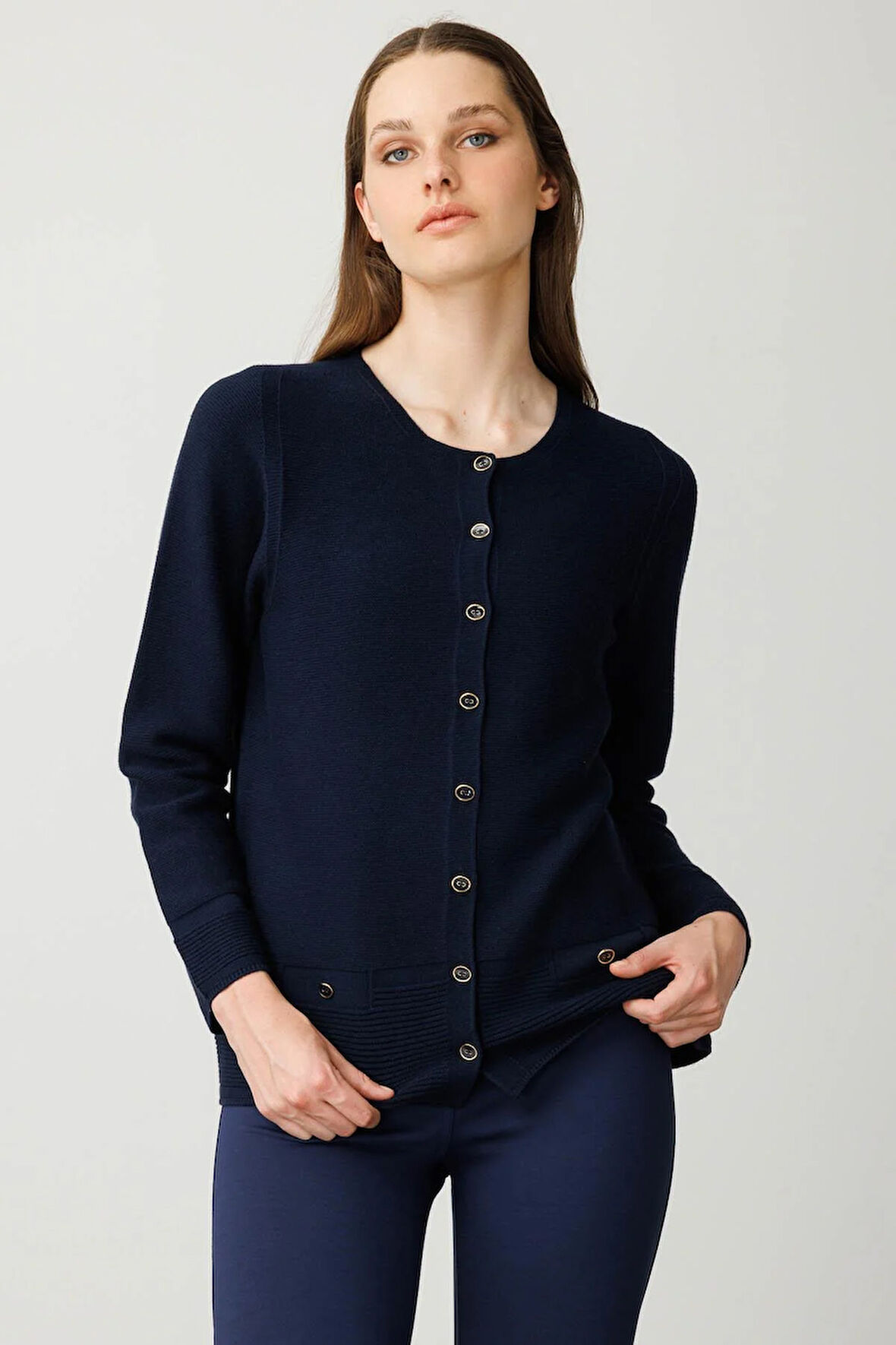 Kadın Sıfır Yaka Sahte Cepli Düğmeli Hırka K.Lacivert