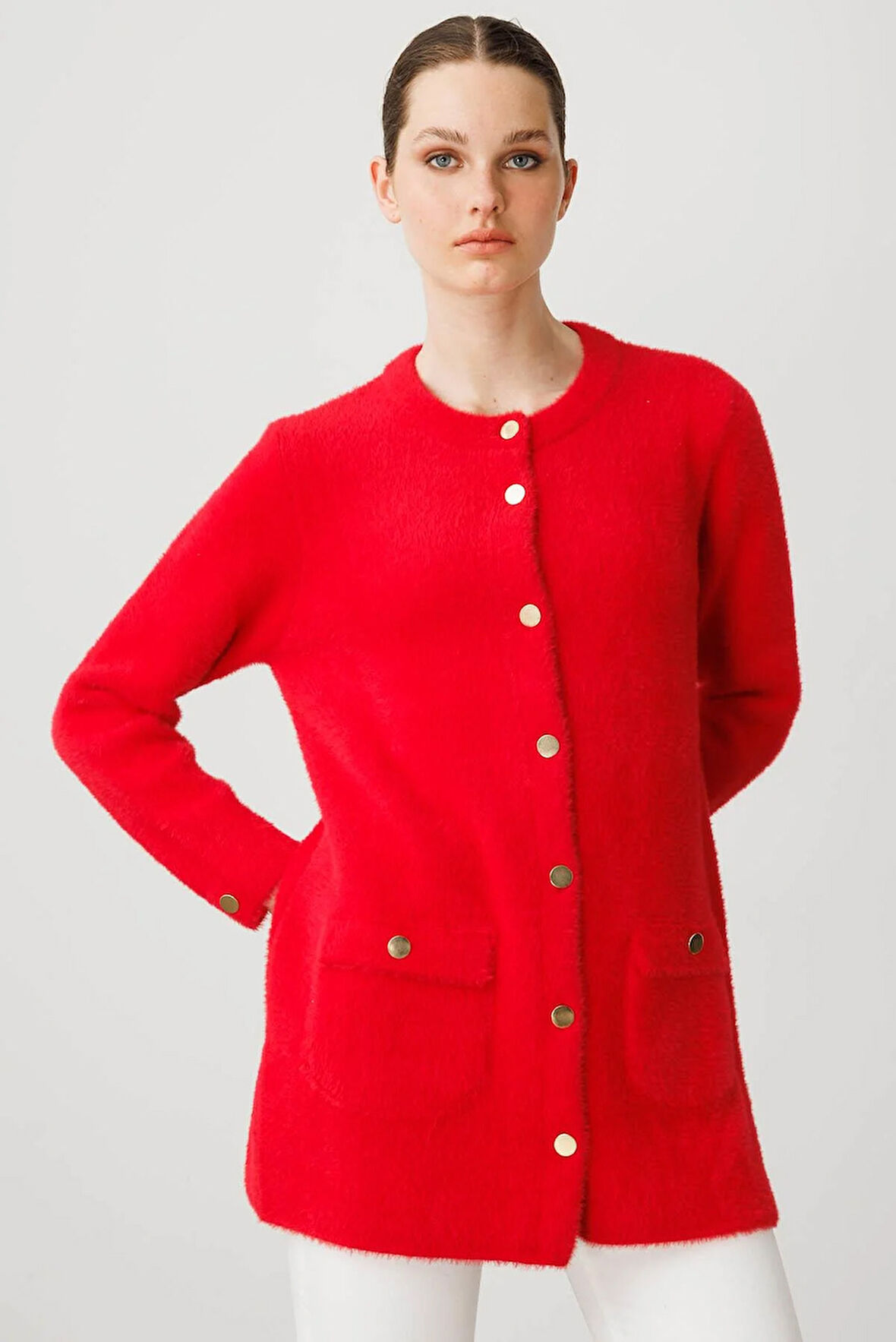 Kadın Sıfır Yaka Metal Düğmeli Araboy Afrodit Triko Ceket Y.Kırmızı