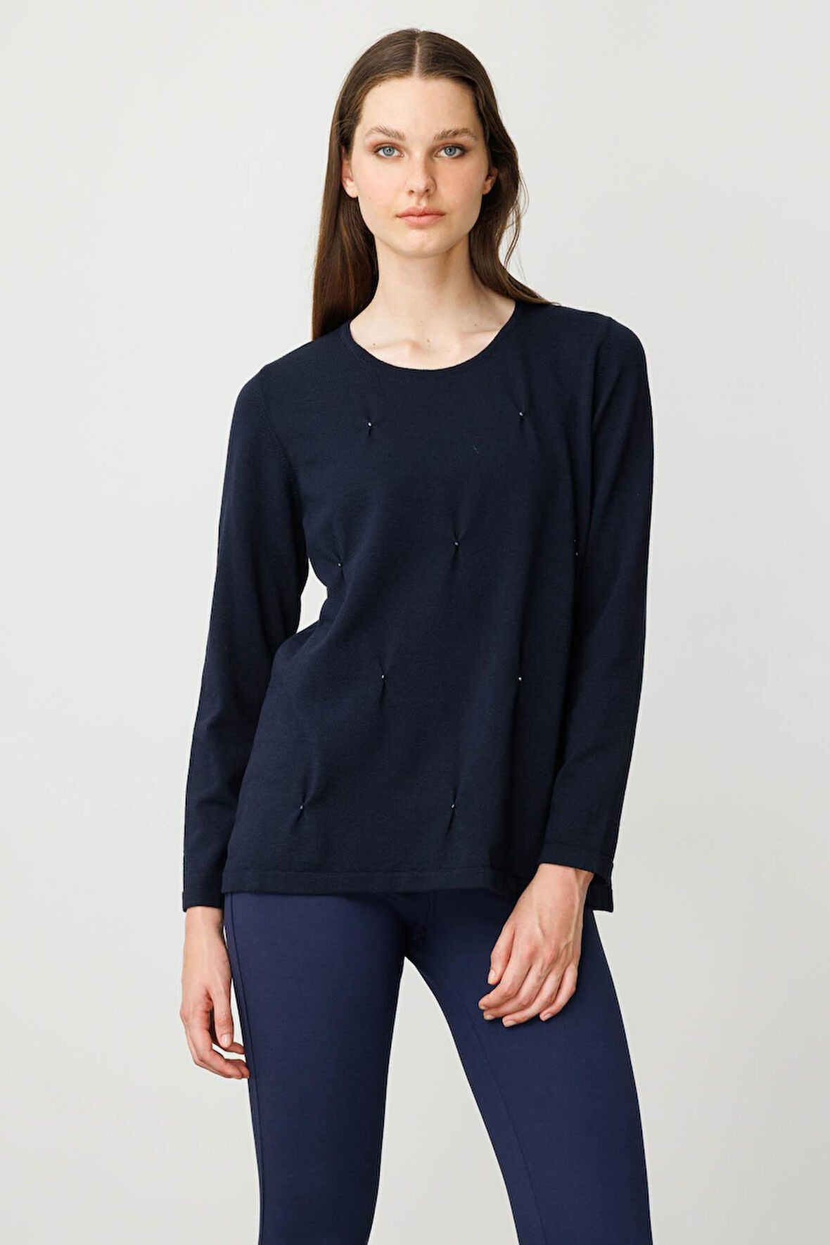 Kadın Sıfır Yaka Önü Pileli Boncuklu Ligralı Bluz K.Lacivert