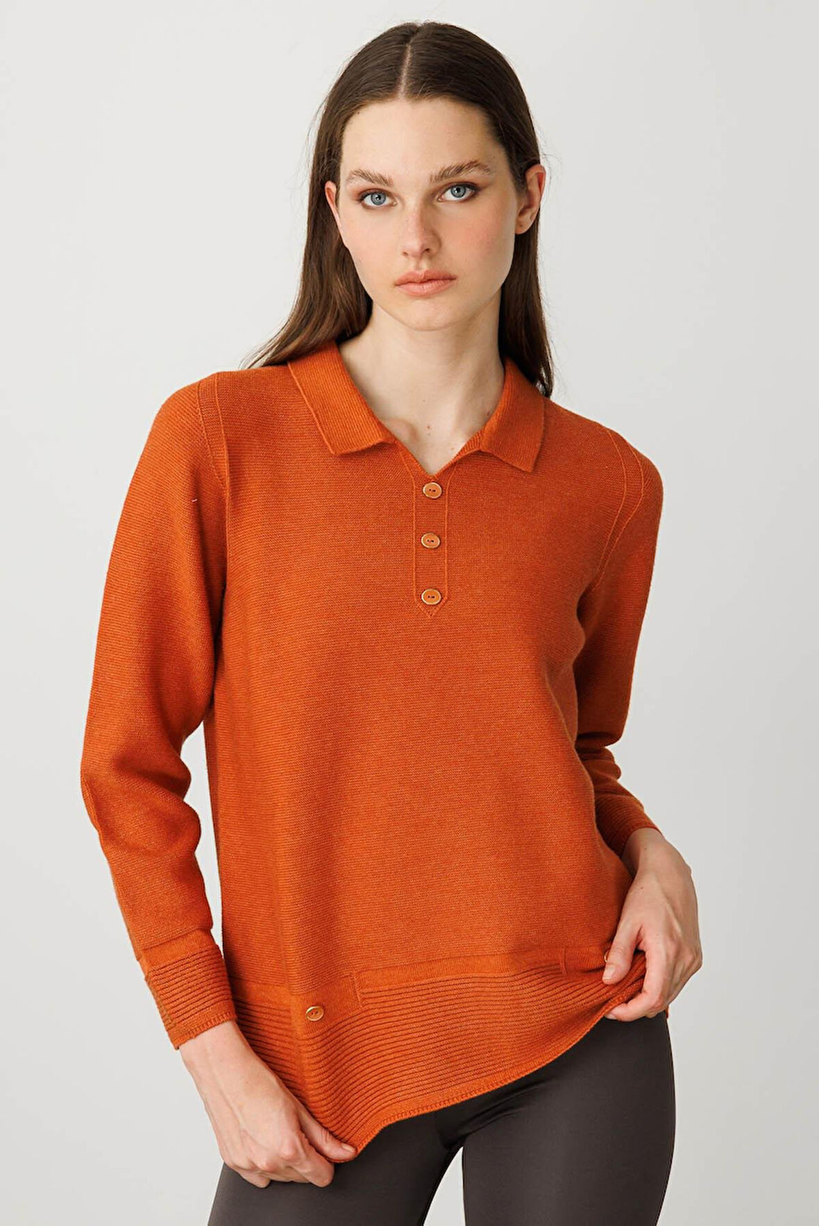 Kadın Polo Yaka Sahte Cepli Bluz Turuncu