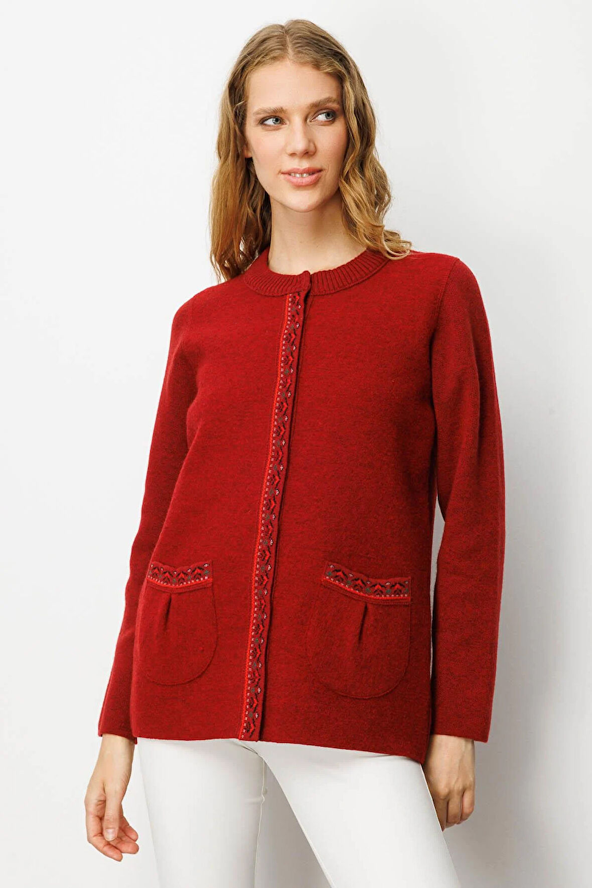 Kadın Sıfır Yaka Önü Keçe Kısa Yün Ceket Y.Kırmızı